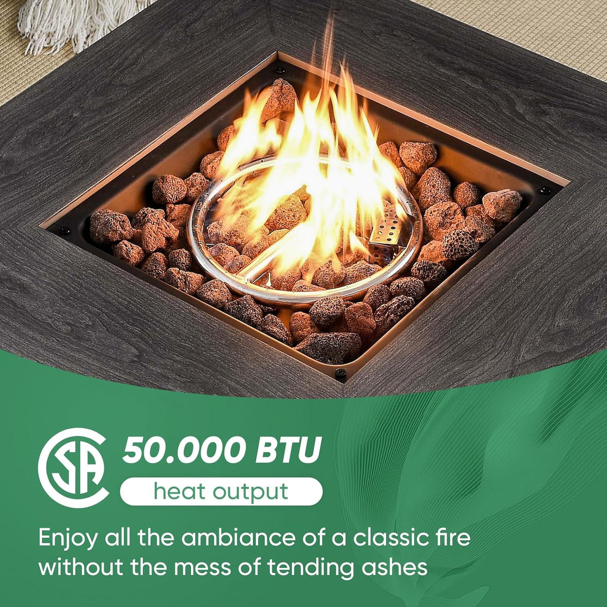 Belord Juego de muebles de patio al aire libre con mesa para fogata de propano de 50000 BTU, juego de conversación de mimbre para patio con 2 sillas giratorias mecedoras, sofá de ratán, cojín azul,