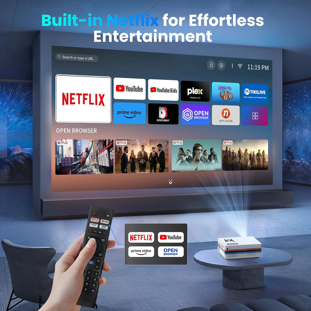 Proyector Smart FUDONI 1080P WiFi, Dolby, 600ANSI, Auto Keystone