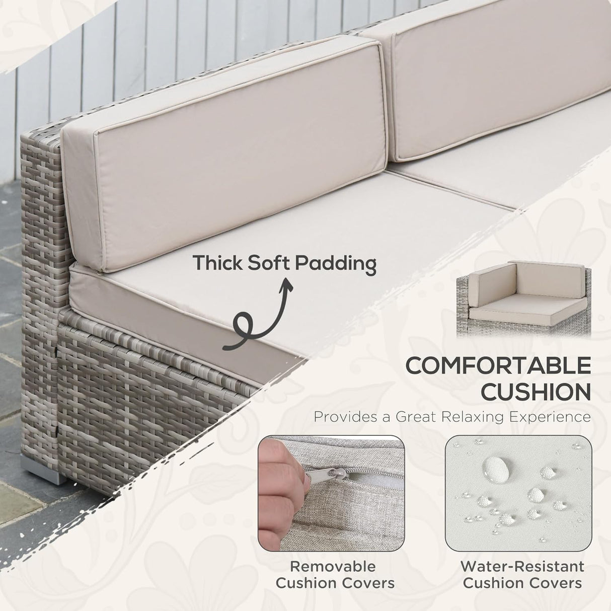 Outsunny Juego de muebles de patio de 7 piezas, juego de conversación de mimbre para exteriores, juego de sofá modular de ratán PE para todo tipo de clima, con cojines y mesa de madera sintética templada, almohadas a rayas, beige