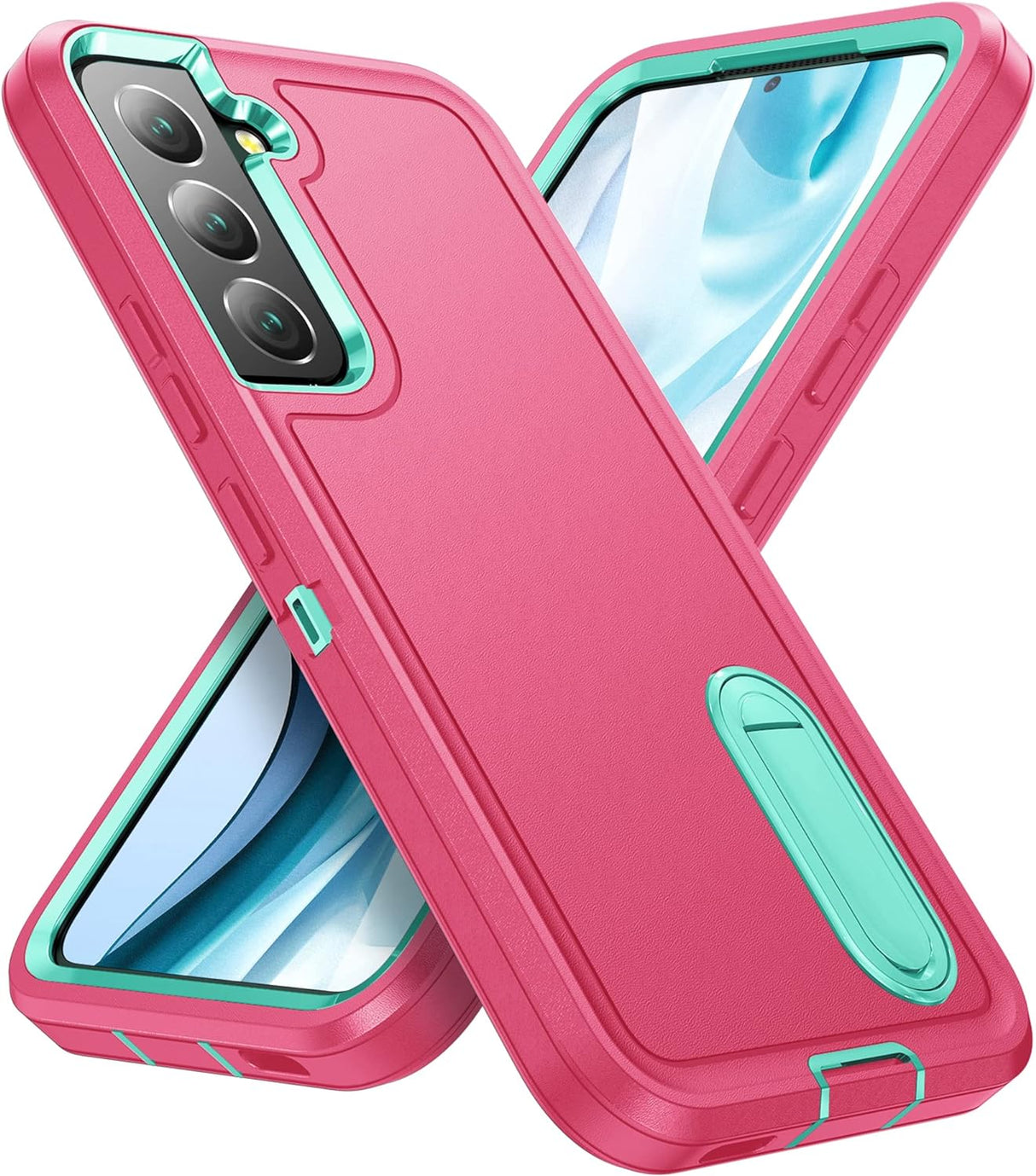 BaHaHoues Funda para Samsung Galaxy S22, Samsung S22 con soporte integrado, a prueba de golpes, polvo y caídas, de grado militar, funda protectora para Galaxy S22 5G de 6.1 pulgadas (rosa/azul aguamarina)