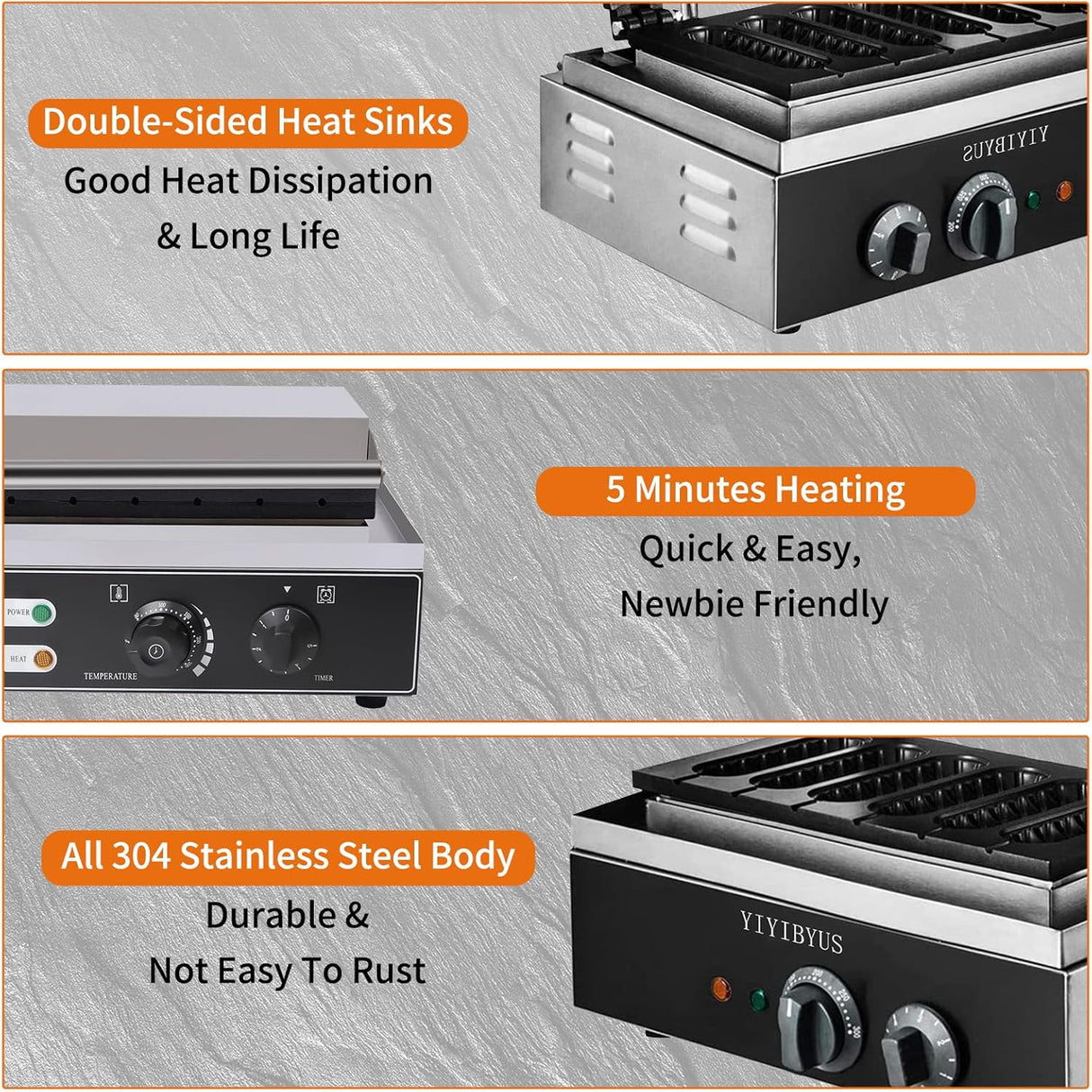 Máquina de Waffles 6 PCS, 1500W, Control Temp 50-300℃, 110V