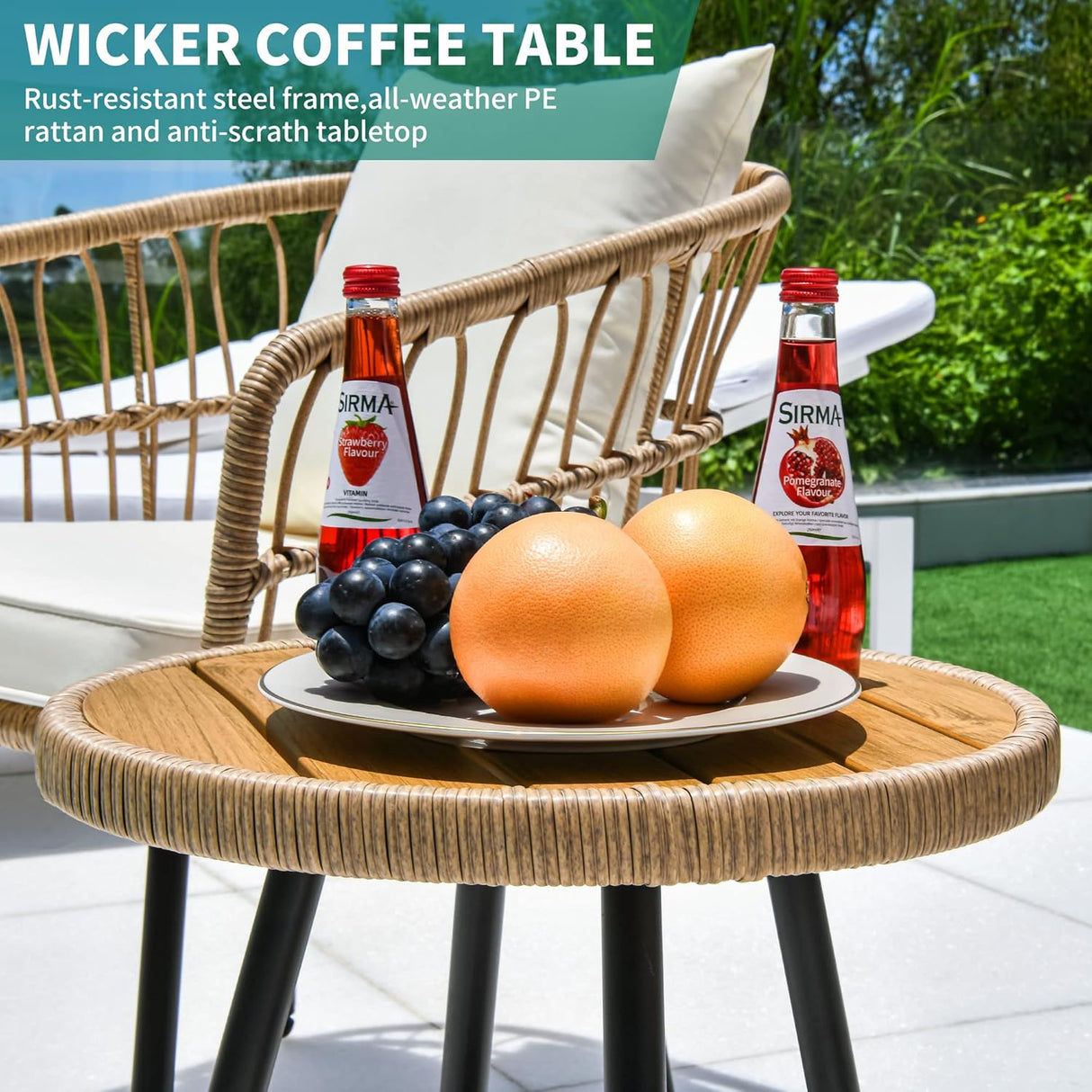 YITAHOME Juego de 3 piezas de mimbre para patio al aire libre, juego de muebles de ratán para todo tipo de clima con mesa y cojines, sofá seccional al aire libre para patio, balcón, patio trasero, terraza