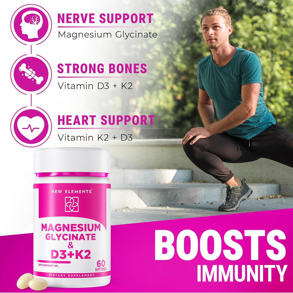 Magnesio Glycinato 500mg con Vit D3 10000iu y K2 100mcg