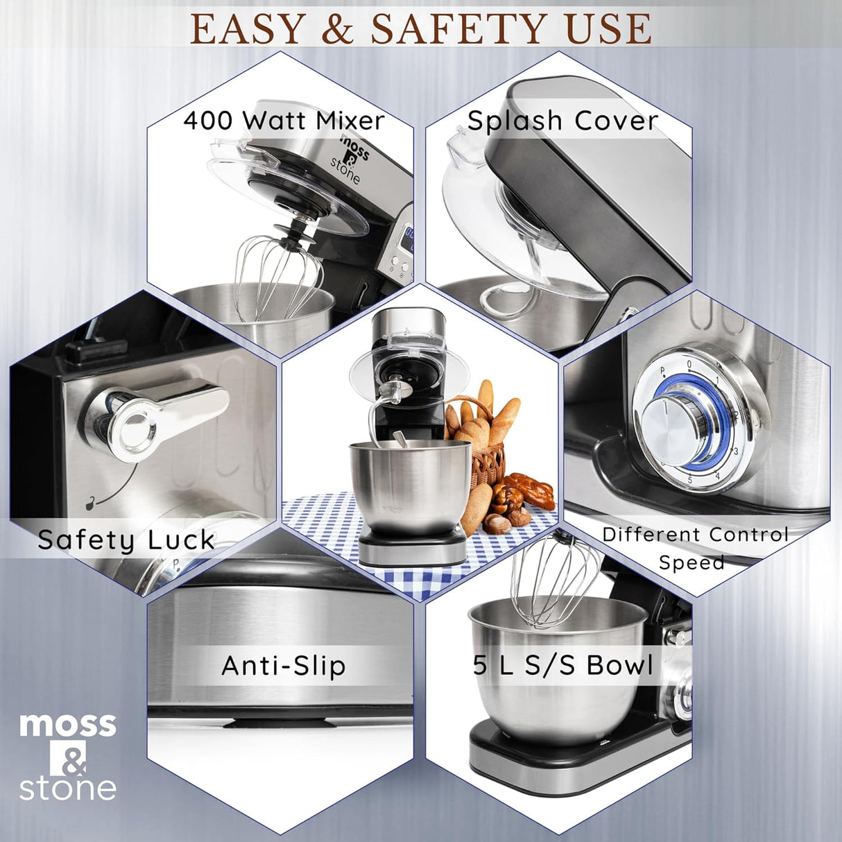 Batidora eléctrica Moss & Stone, 5.5L, 6 velocidades, LCD