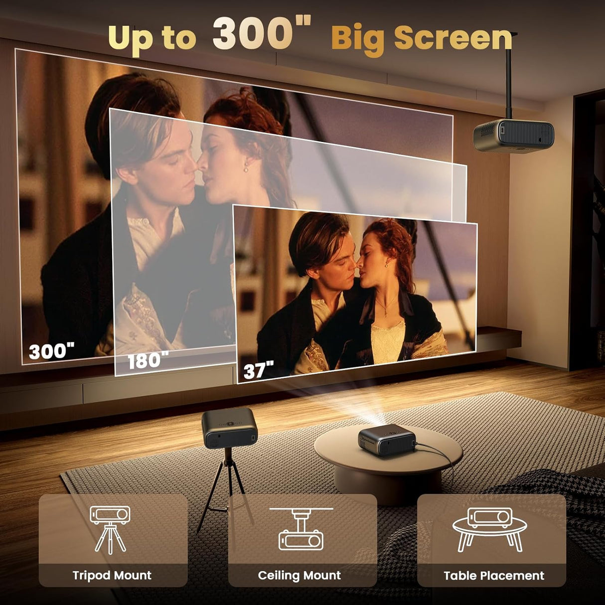 Proyector FUDONI 1080P, WiFi 6, Bluetooth, 300'' max display