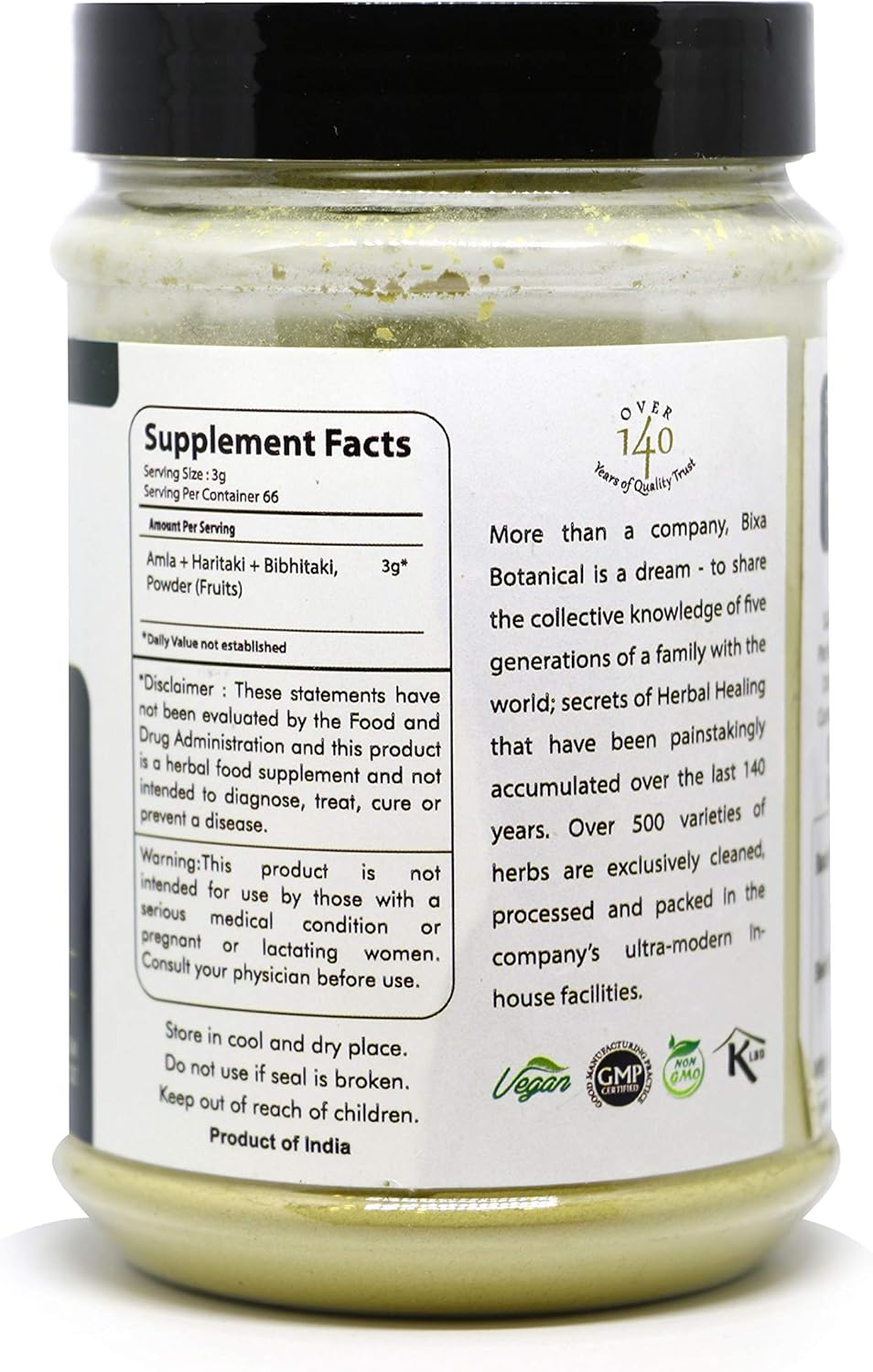 Suplemento Polvo de trifala 7 Oz Haritaki, Bibhitaki y Amla