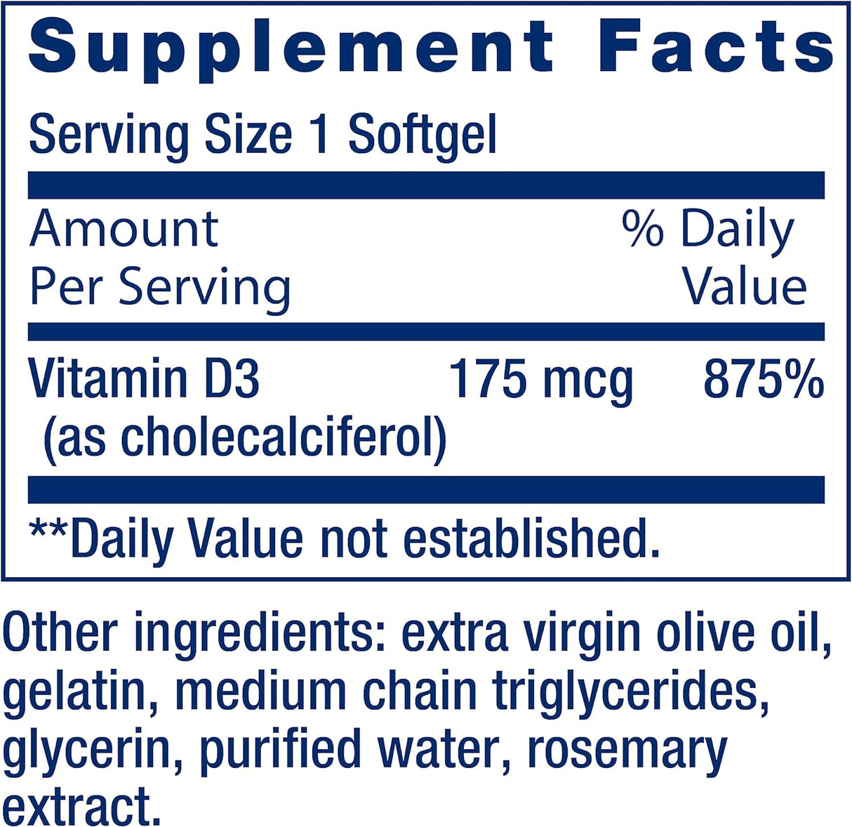 Suplemento de Vitamina D3 175 mcg Life Extension, 60 softgels