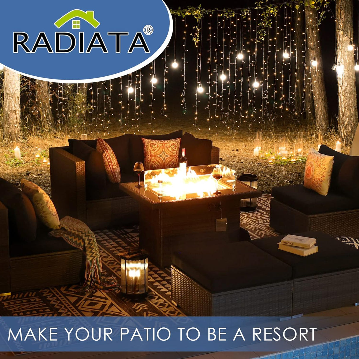 RADIATA Juego de muebles de mimbre de polietileno para patio, sofá seccional de respaldo alto, juegos de sofá de gran tamaño con mesa para fogata de propano, 55000 BTU, juegos de conversación de ratán para exteriores (7 piezas, gris oscuro)