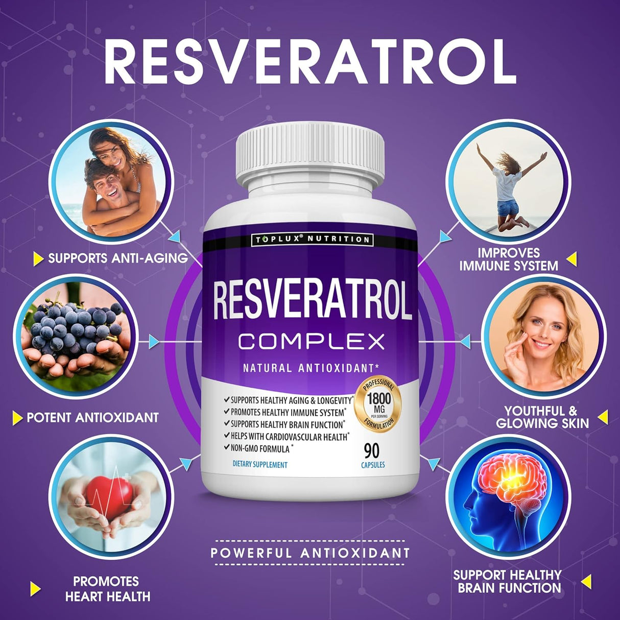 Suplemento de resveratrol 1800 mg Complejo antioxidante 90u