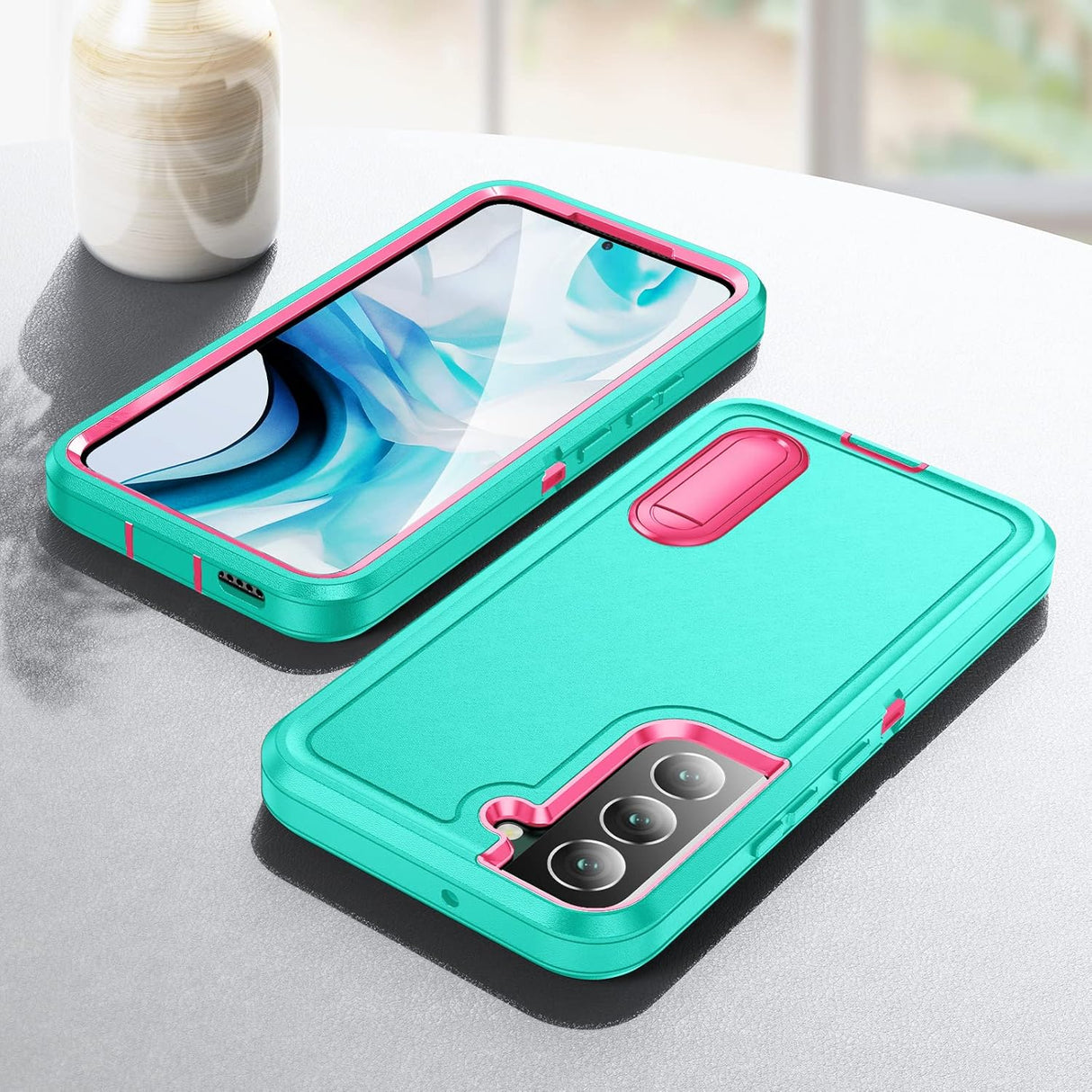 BaHaHoues Funda para Samsung Galaxy S22, Samsung S22 con soporte integrado, a prueba de golpes, polvo y caídas, de grado militar, funda protectora para Galaxy S22 5G de 6.1 pulgadas (azul aguamarina/rosa)