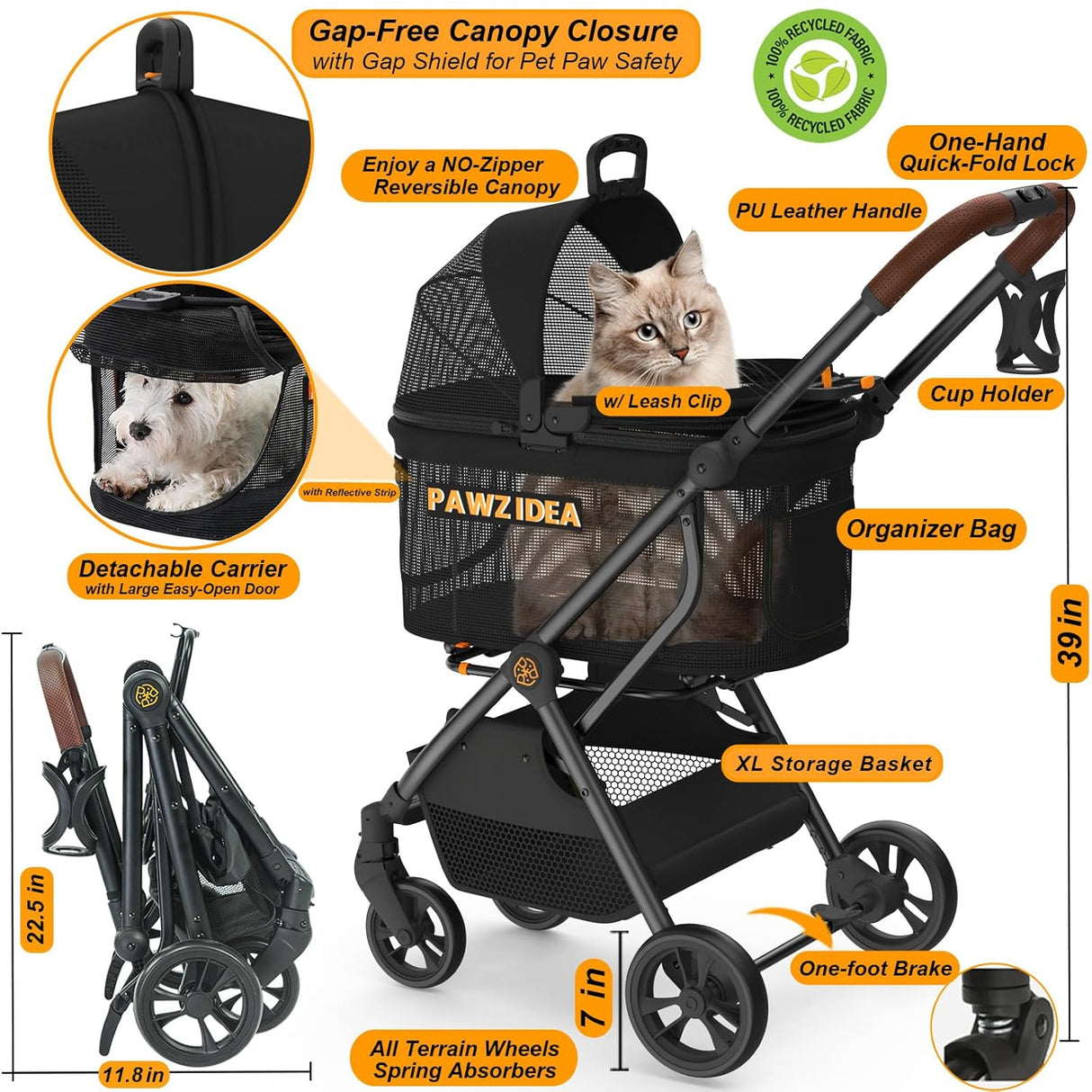 Carrito para Perros PAWZIDEA 4 en 1, Plegable y Ligero