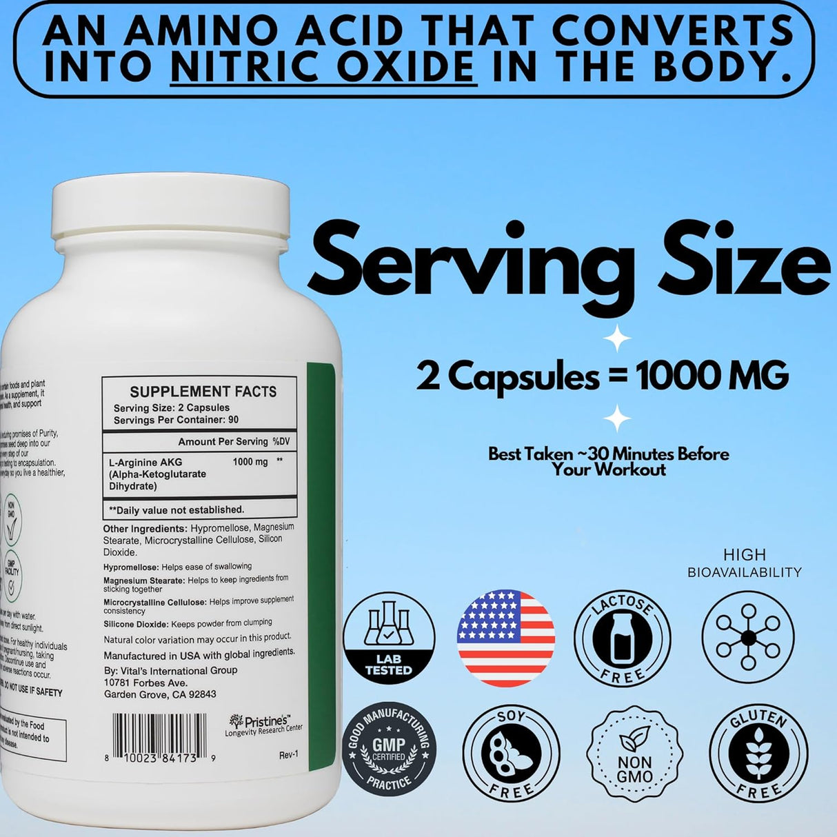 Suplemento de Óxido Nítrico L Arginina 1000mg - PRISTINE