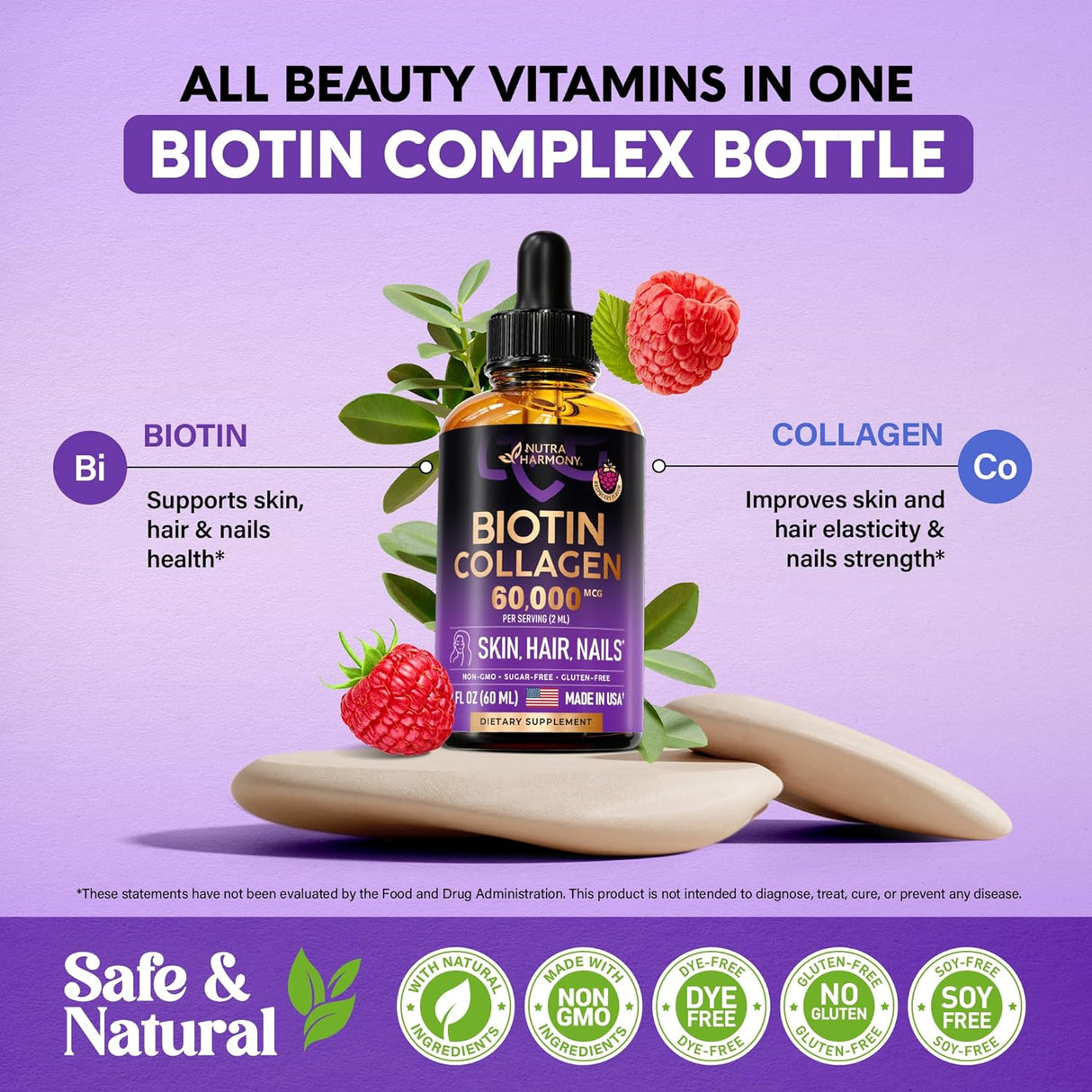 Biotina y colágeno líquidos, crecimiento capilar, uñas y piel