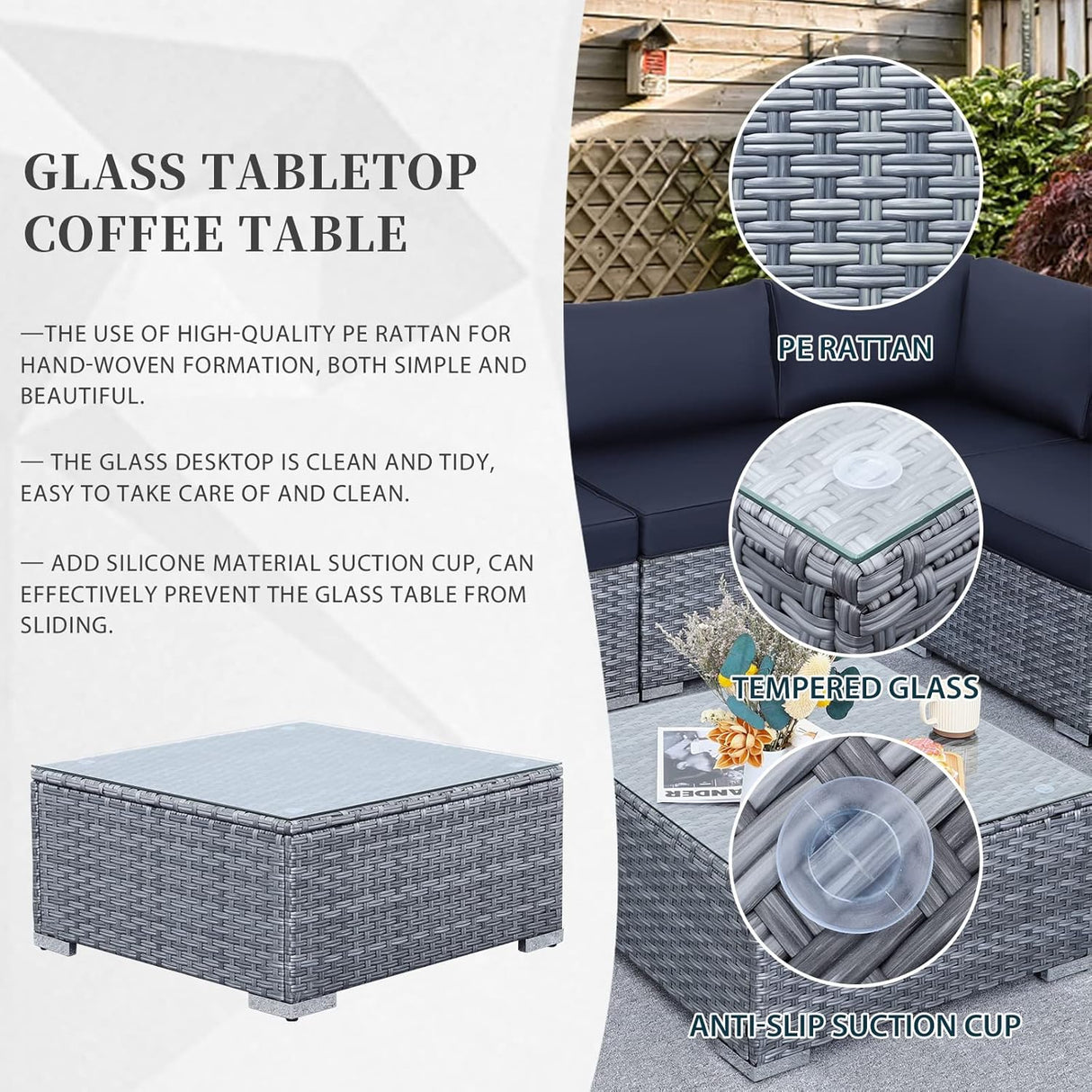 Valita Juego de muebles de mimbre PE para exteriores, 7 piezas, sofá seccional de ratán gris con cojines lavables azul oscuro