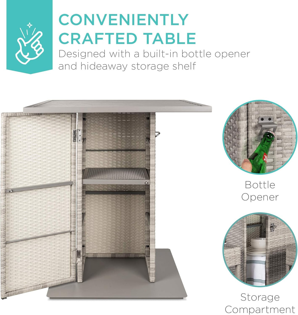 Best Choice Products Juego de mesa de mimbre de 5 piezas para patio, piscina, patio trasero con abridor de botellas integrado, estante de almacenamiento oculto, mesa de metal, 4 taburetes, color gris