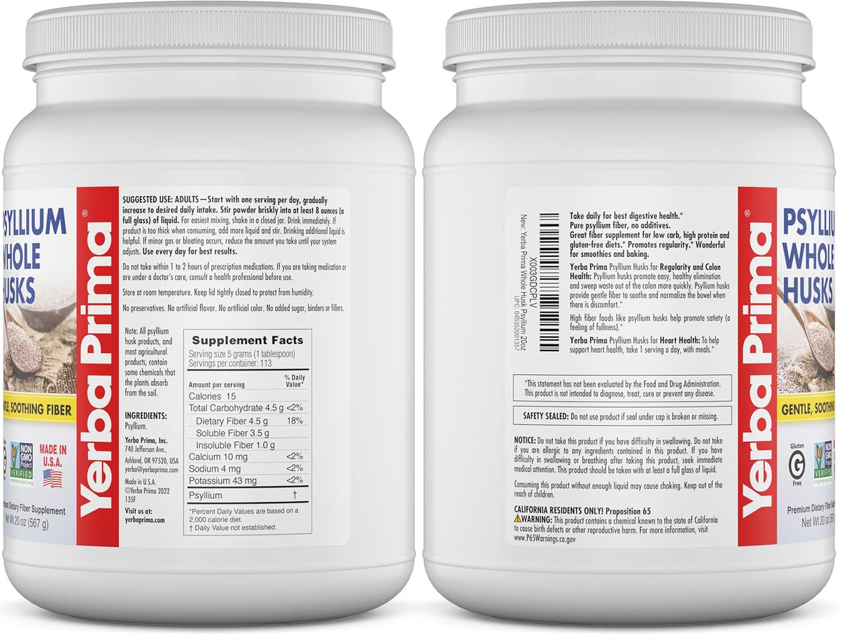Suplemento de fibra Psyllium Yerba Prima - 20oz, vegano y sin gluten