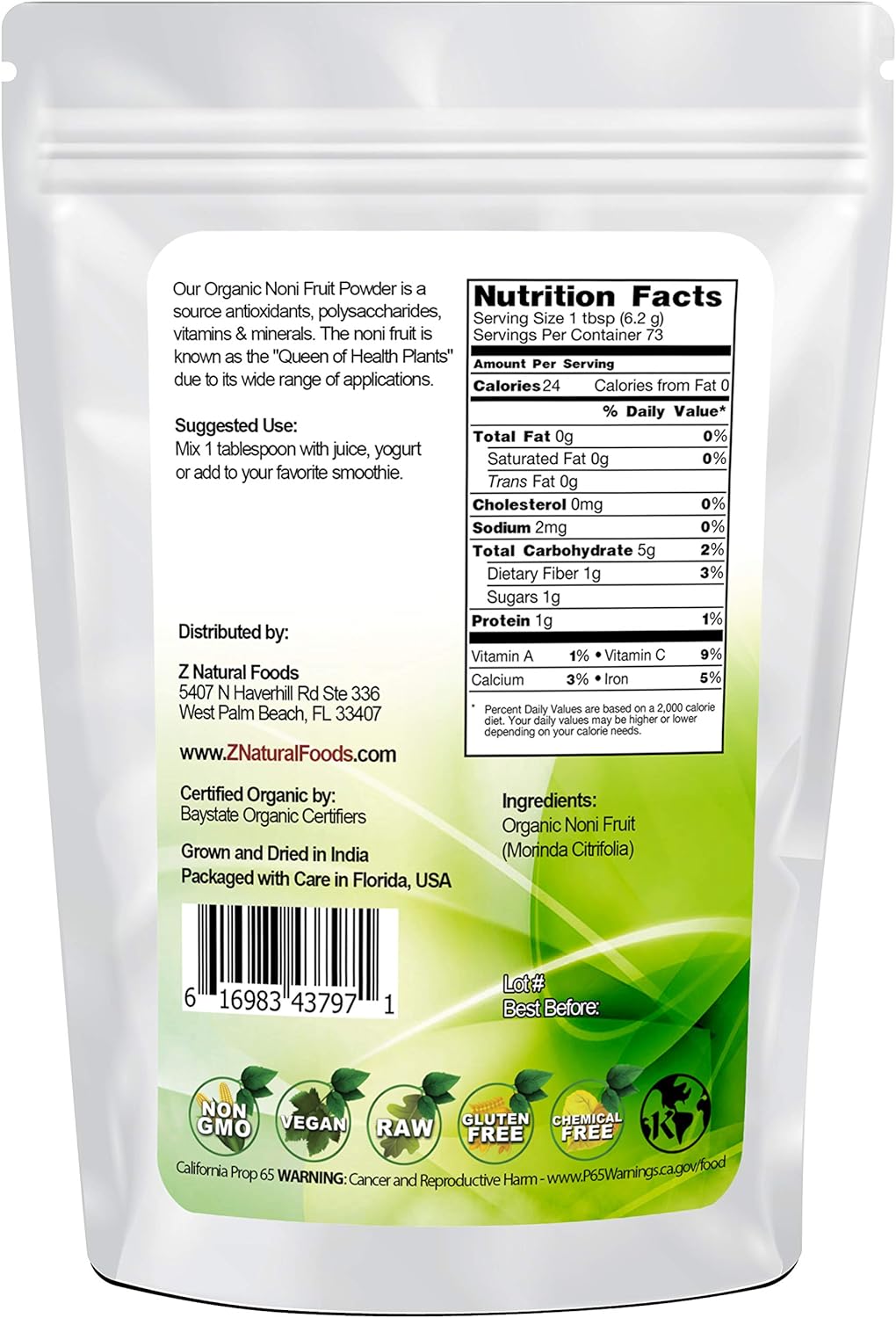 Suplemento Natural Foods Polvo orgánico de frutas Noni 1 lb