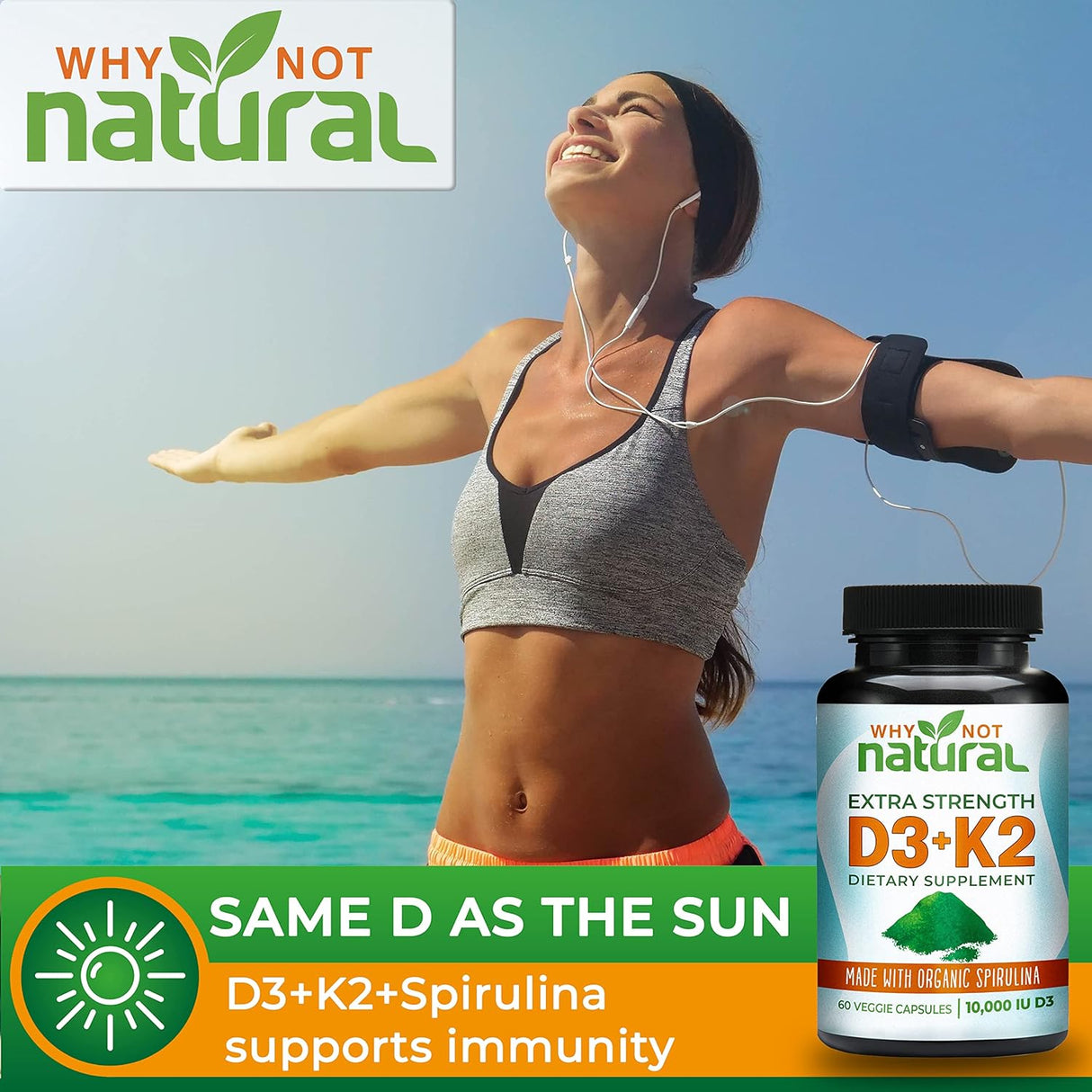 Natural Vitamina D3 K2 (MK-7) con Espirulina Orgánica 10,000 IU