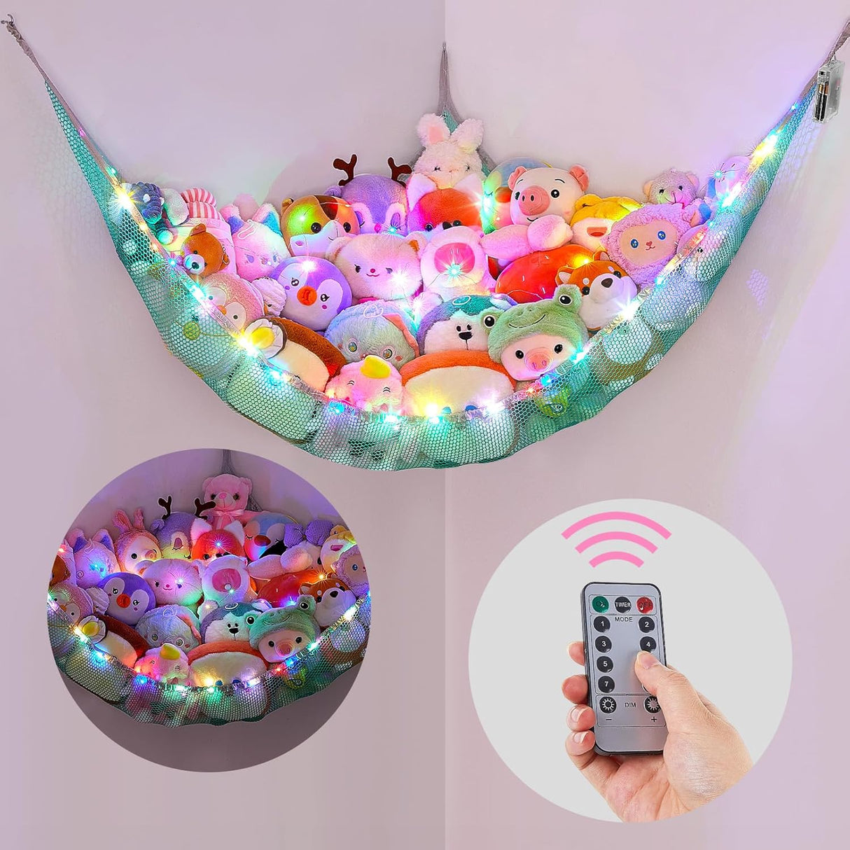 Hamaca para peluches Basumee con luz LED y control remoto