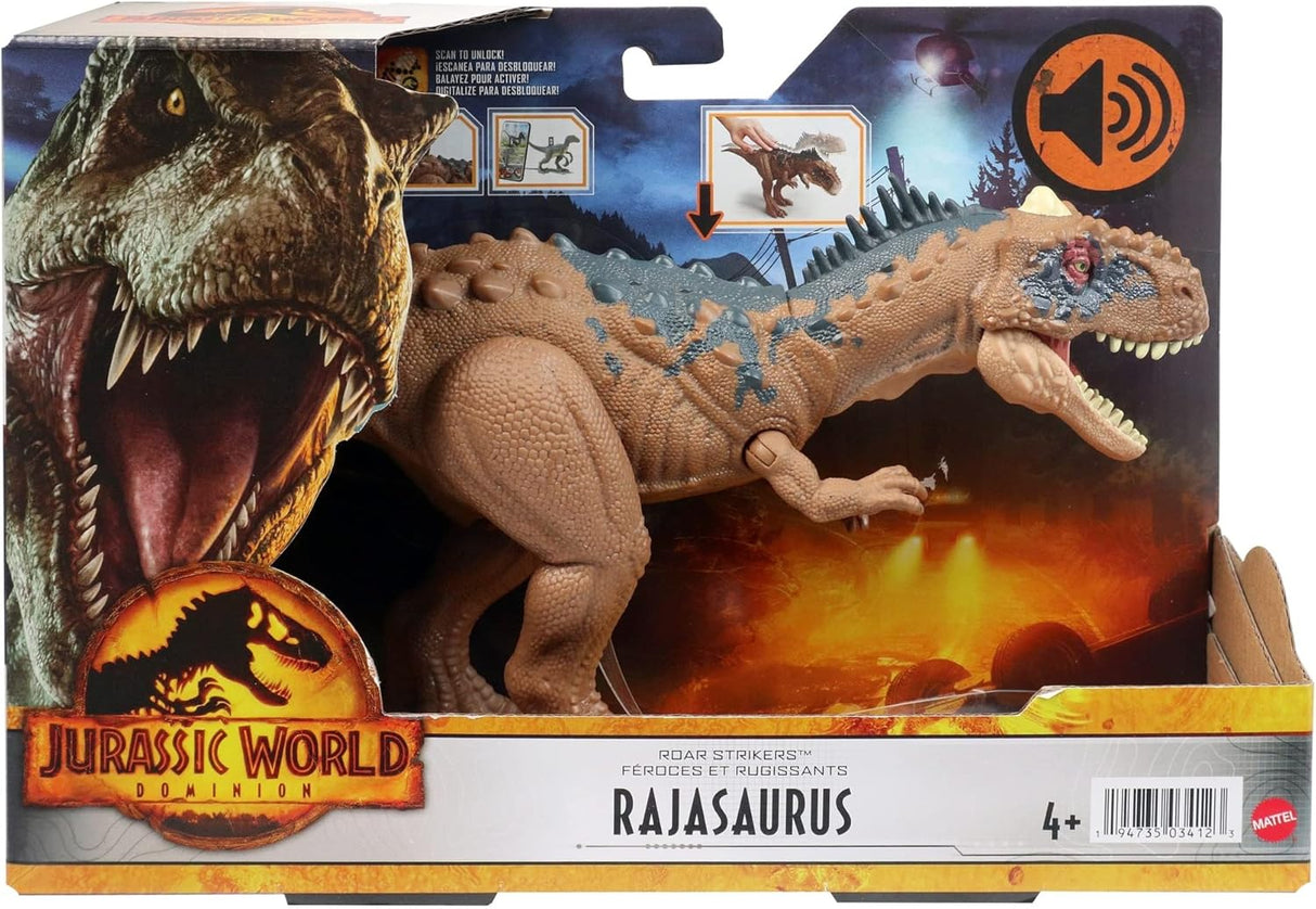 Figura de acción Rajasaurus de Jurassic World, Mattel, sonido y ataque
