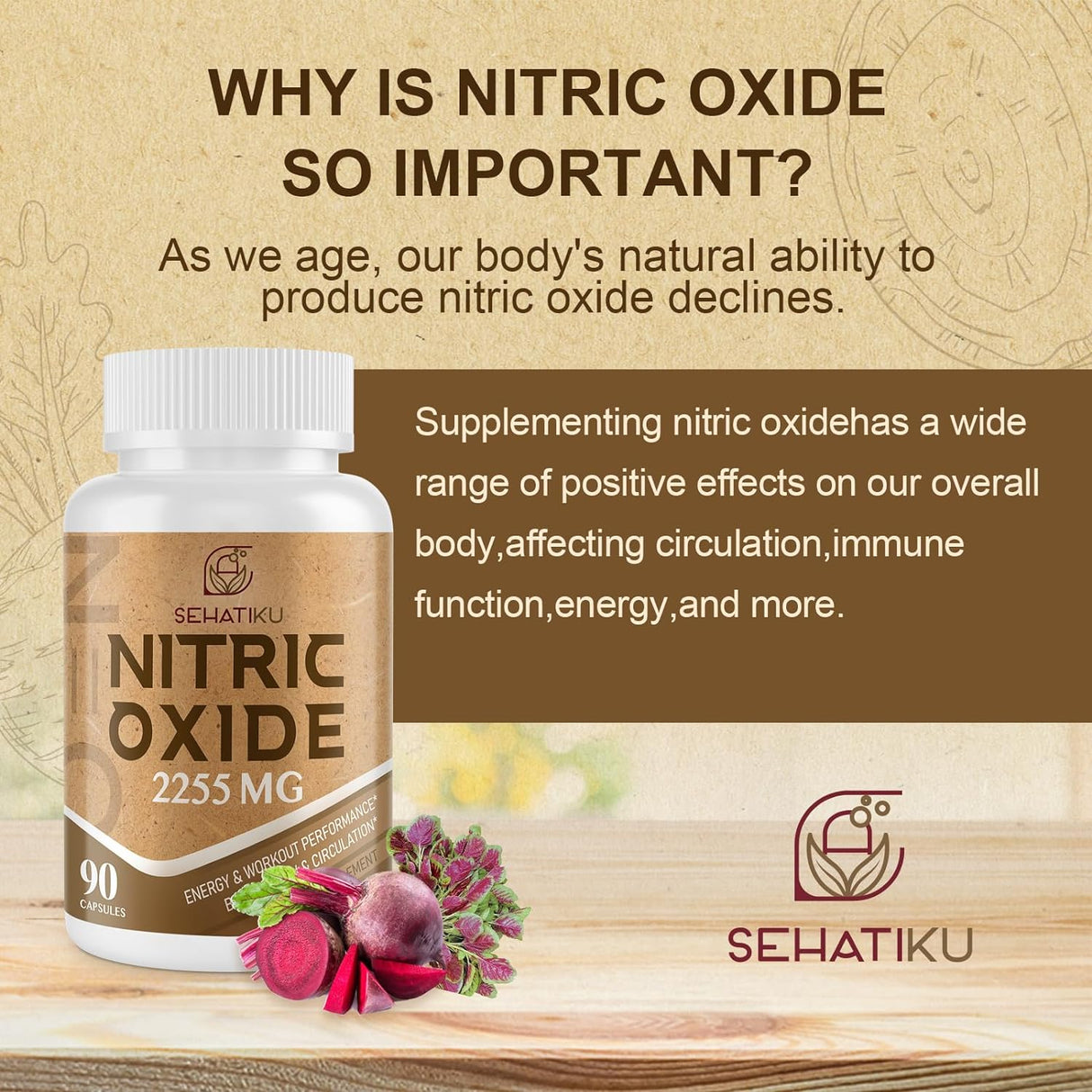 Suplemento de óxido nítrico de 2255 mg para corazón, 90 cáp