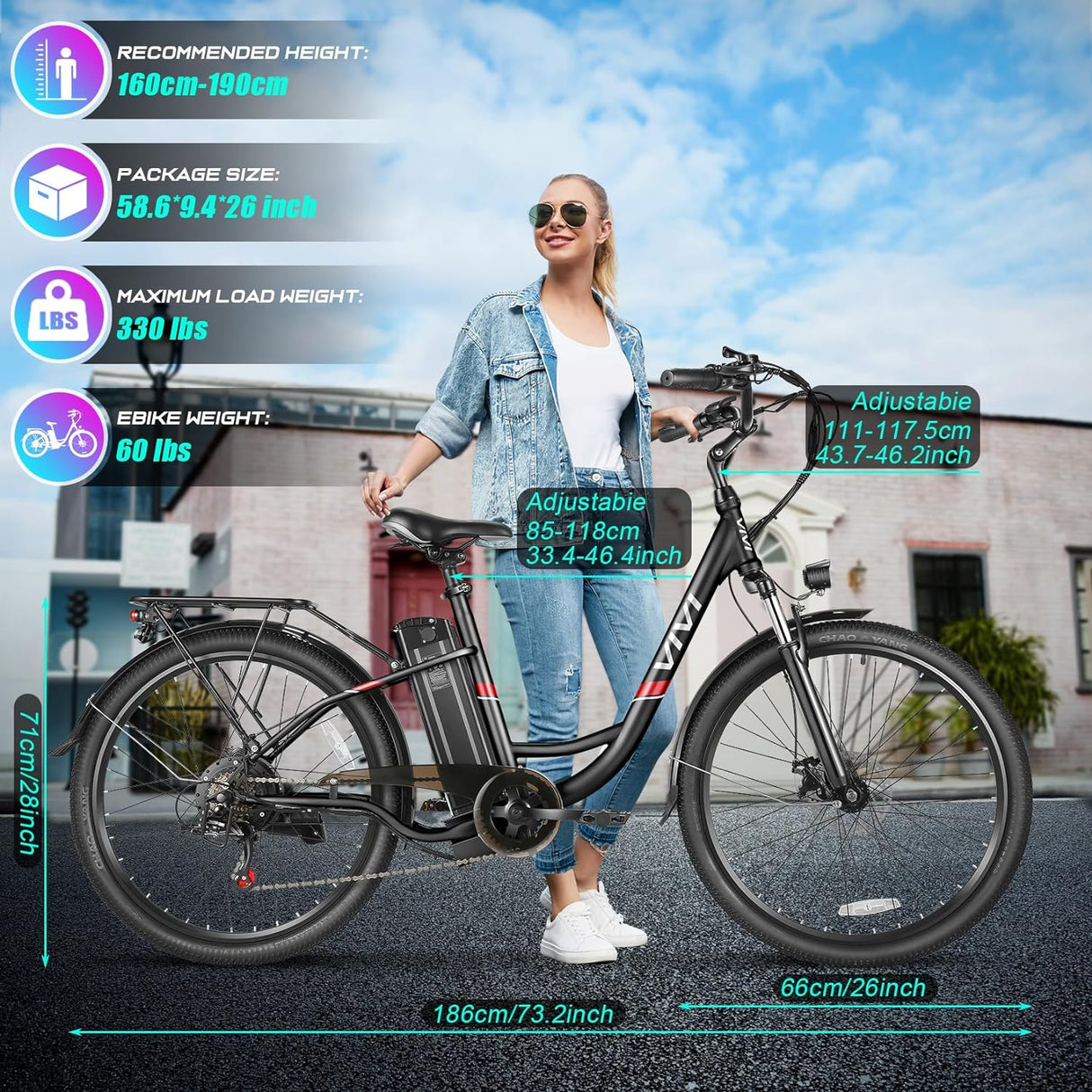 Bicicleta Eléctrica Vivi 750W, Batería Removible, 50 Millas