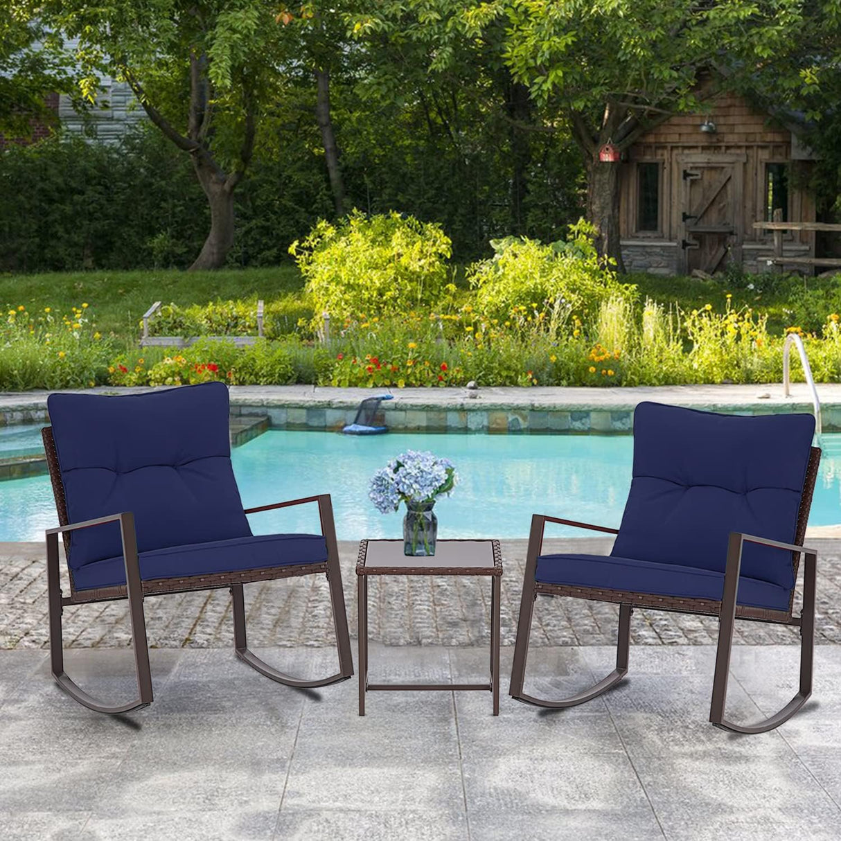 SUNCROWN Juego de 3 piezas para exteriores, muebles de mimbre negro, sillas de porche, juegos de conversación con mesa de café de cristal, azul oscuro