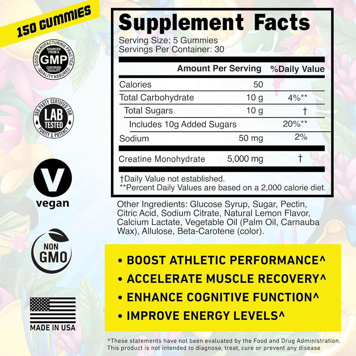 Gomitas de Creatina Monohidrato 5000mg, Vegan, USA, 150 unidades