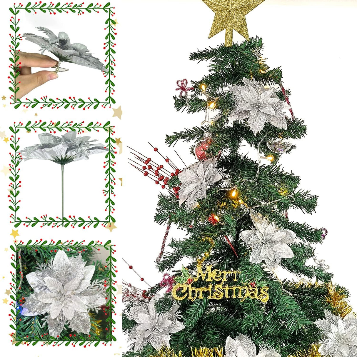 Flores Artificiales Poinsettia, Decoración Navideña, 15 Pcs