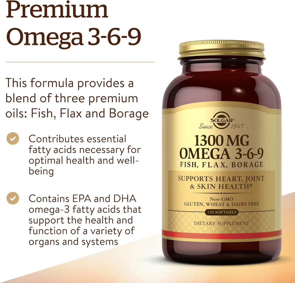 Solgar Omega 3-6-9 1300mg Softgels, Salud Corazón y Piel