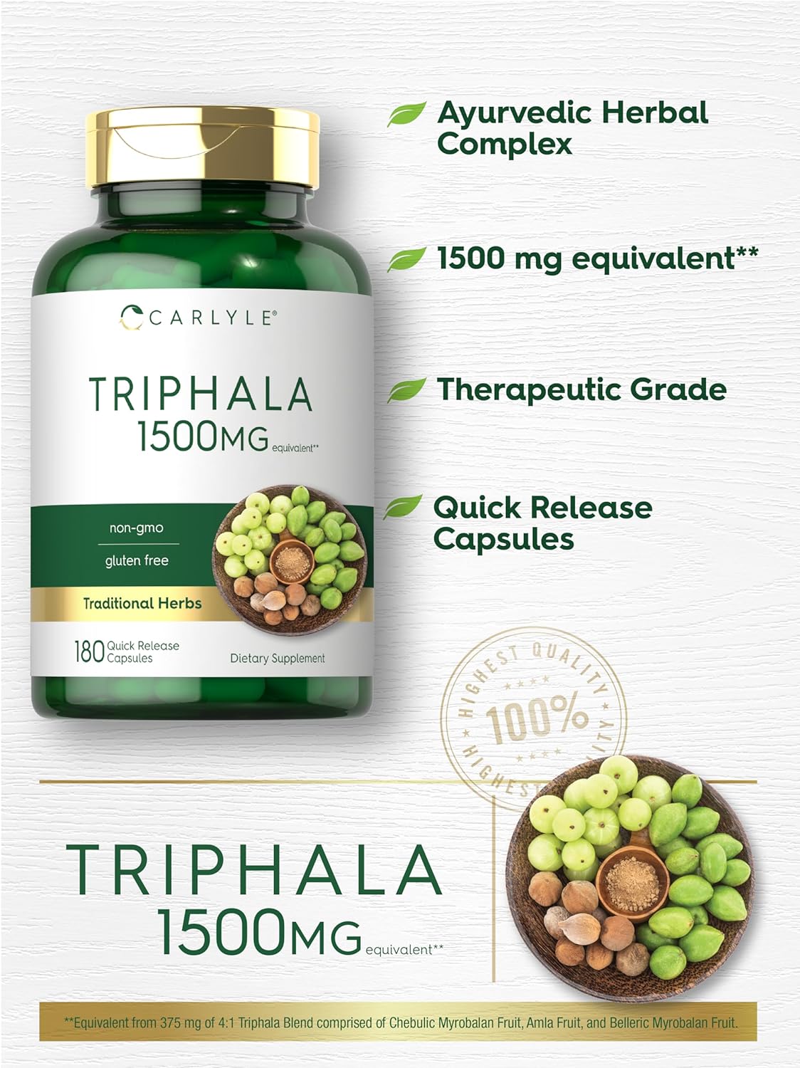 Suplemento Carlyle Triphala Cápsulas 1500 mg 180 unidades