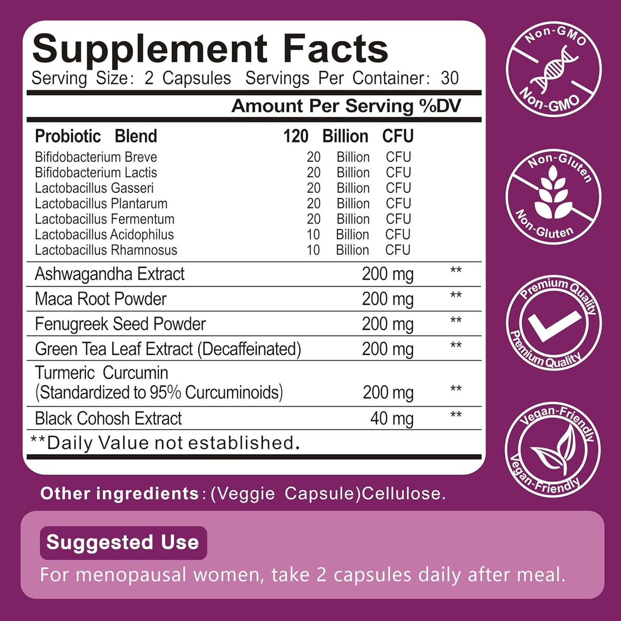 Suplemento Menopausia Mujer, 120B CFU, 13-herbas, 60 cápsulas