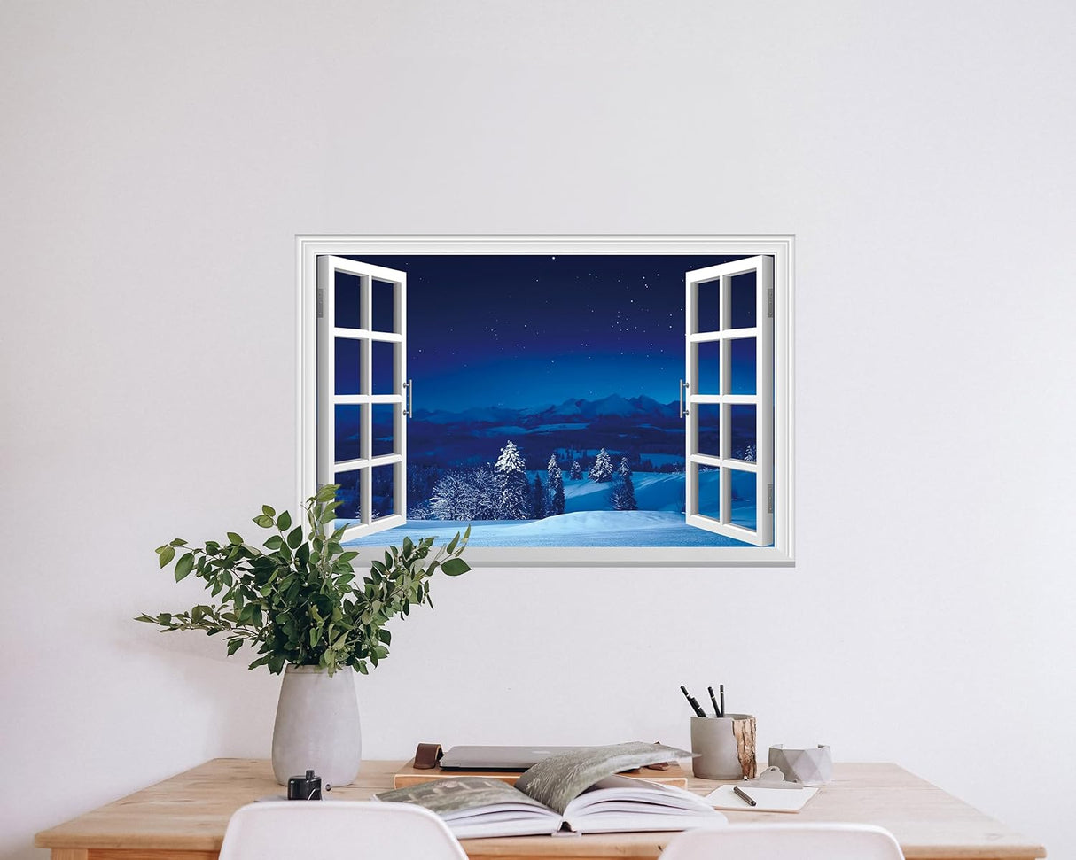 Adhesivo de pared falso para ventana, escena nevada de noche