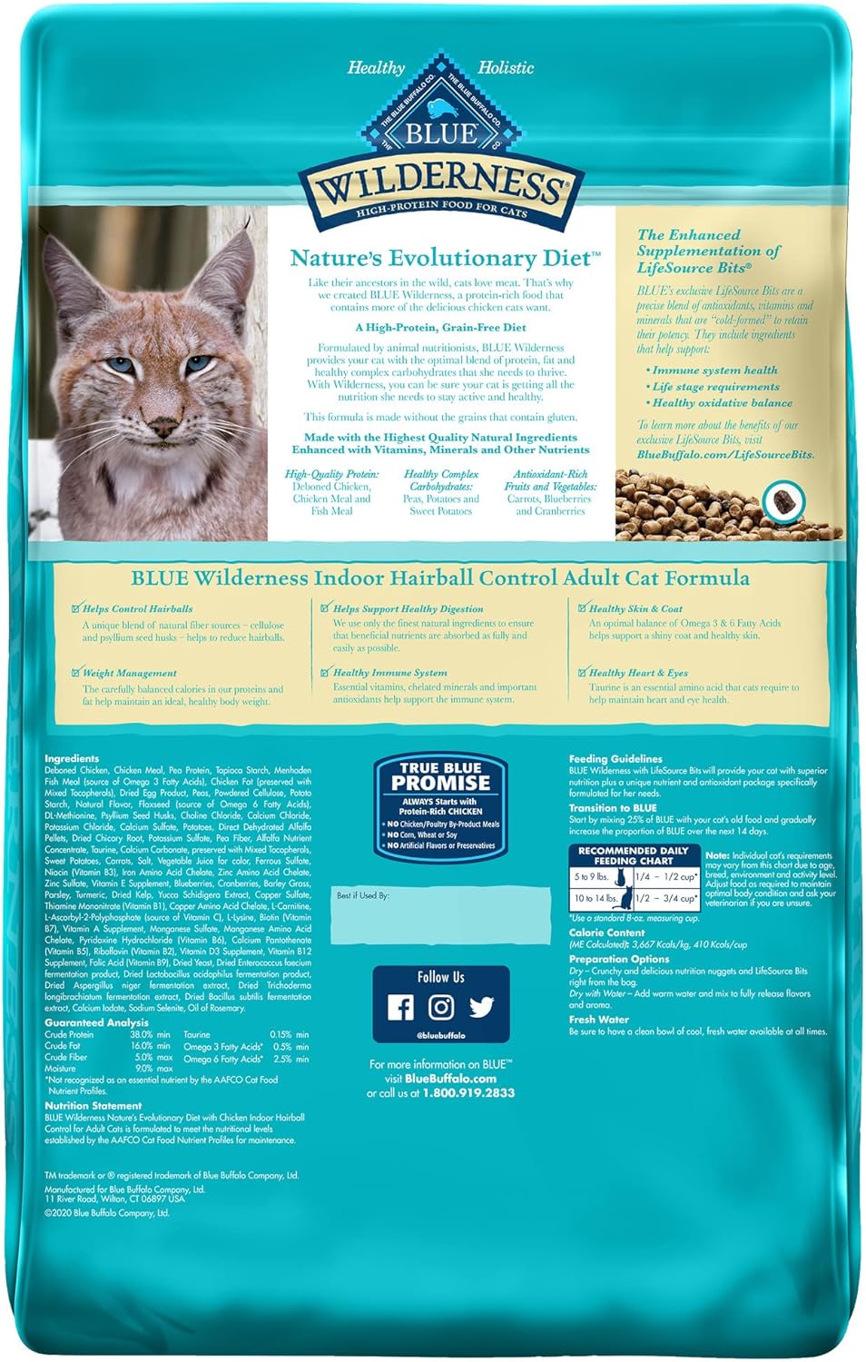 Blue Buffalo Wilderness - Alimento seco para gatos adultos con alto contenido de proteínas, control de bolas de pelo natural, pollo, 11 libras