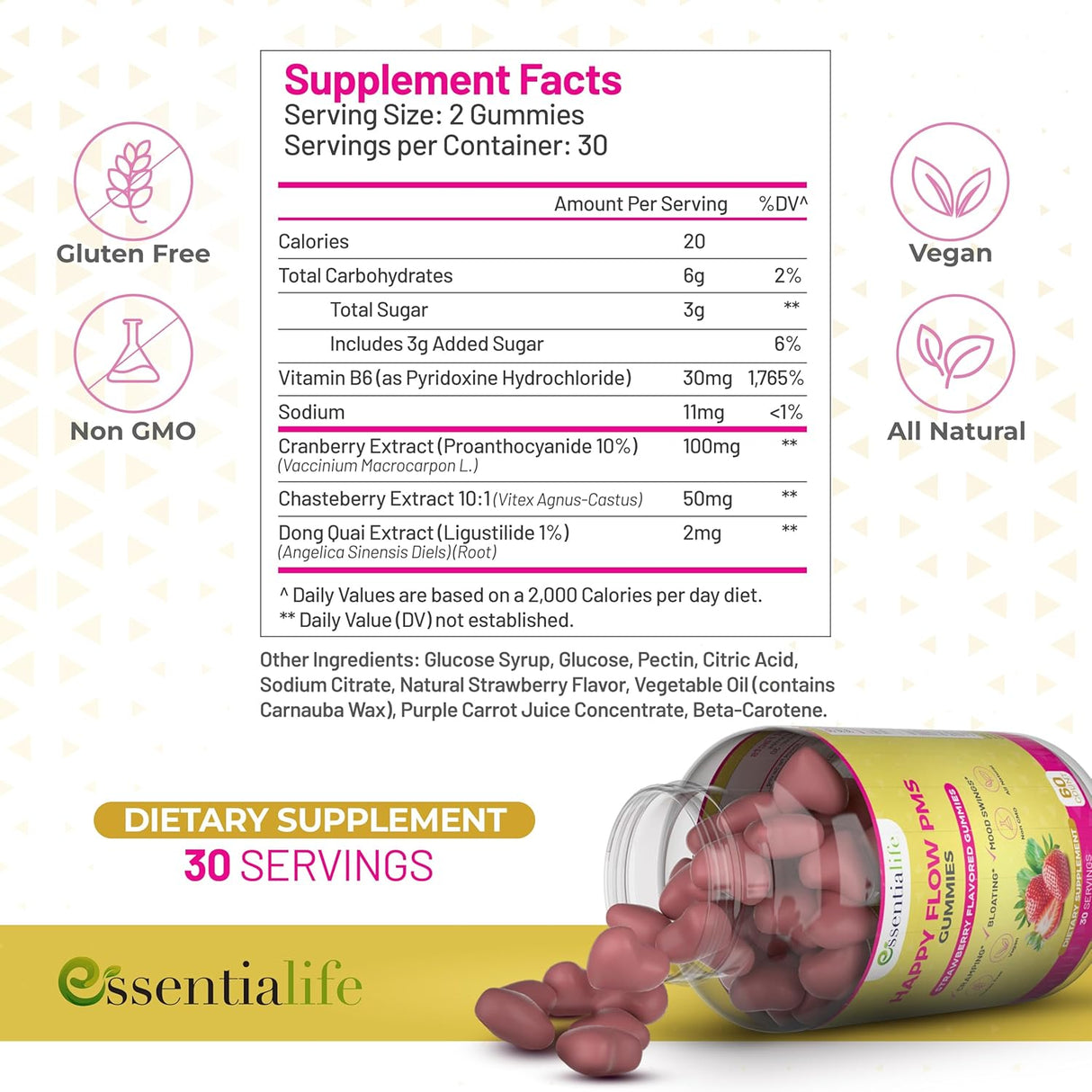 Suplementos masticables de PMS con sabor fresa Essentialife