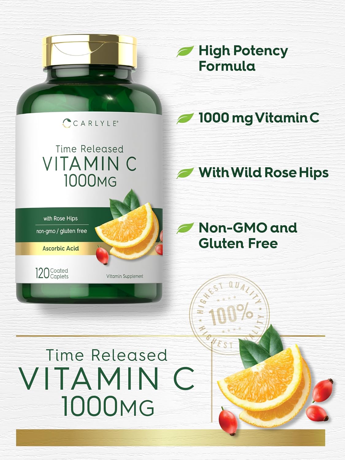 Carlyle Vitamina C 1000mg Caplets con Rosa HIPS suplemento