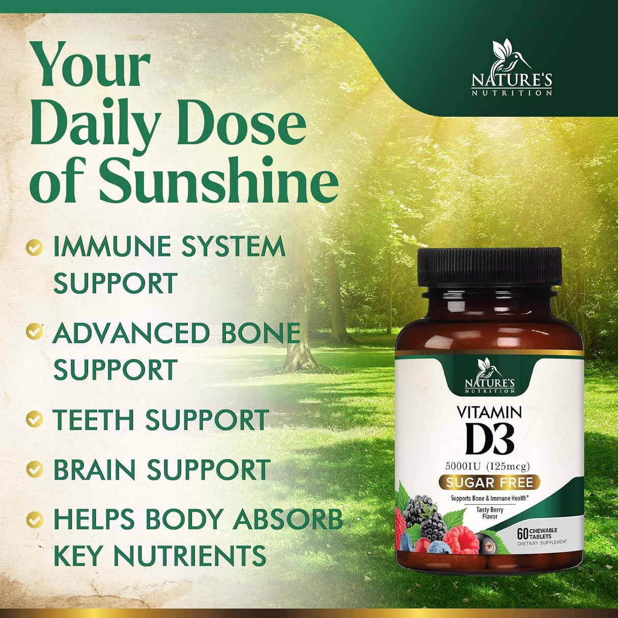 Suplemento de Vitamina D3 5000 IU, Nature's, 60 Tabletas Chewable