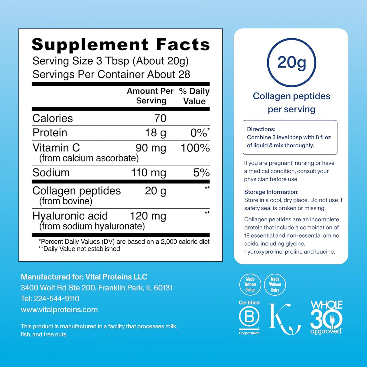 Colágeno en polvo Vital Proteins, péptidos, 20 oz, ácido hialurónico