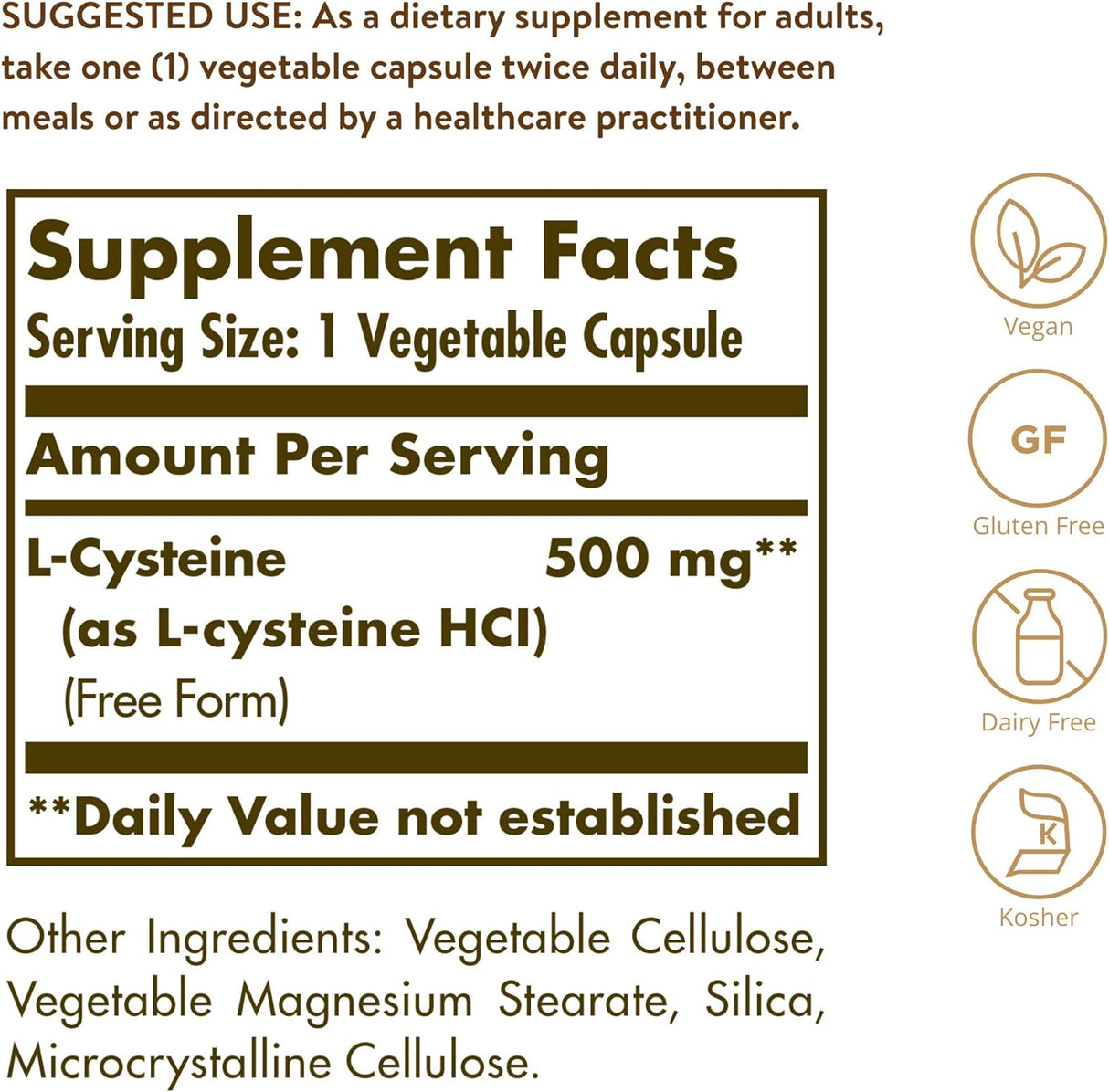 Suplemento Solgar L-cisteína de 500 mg 90 cápsulas Kosher
