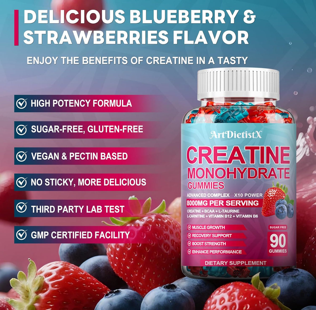 Creatina Monohidrato Gummies con BCAA, L-Carnitina y B12, 90u
