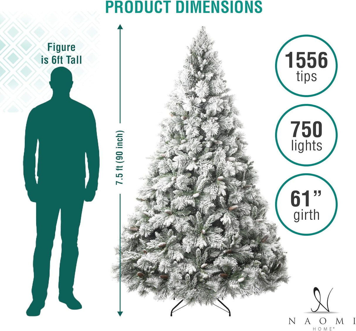 Árbol de Navidad nevado de 7.5ft con luces y piñas, modelo 1556