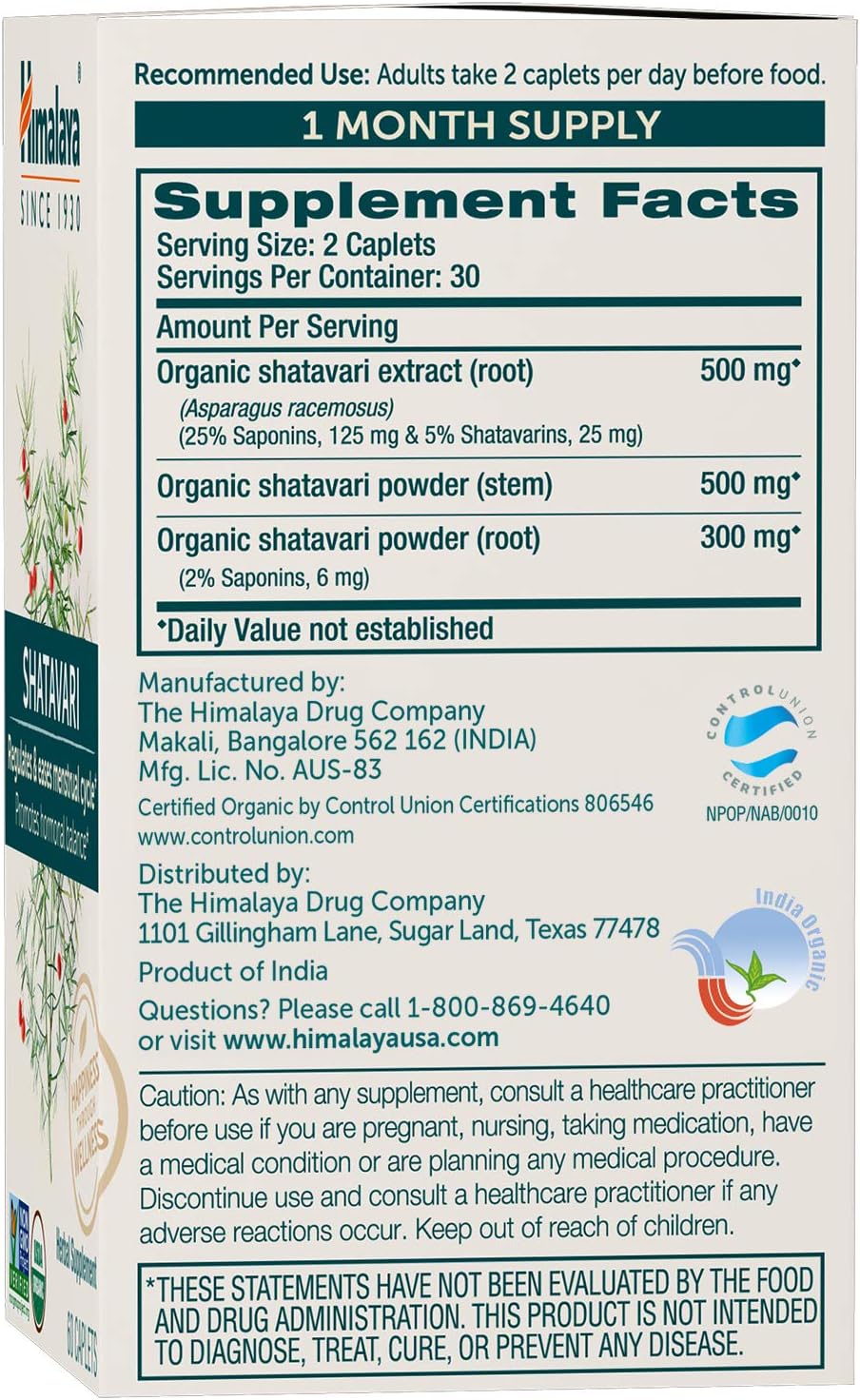 Himalaya Organic Shatavari para PMS alivio de calambres 60 u