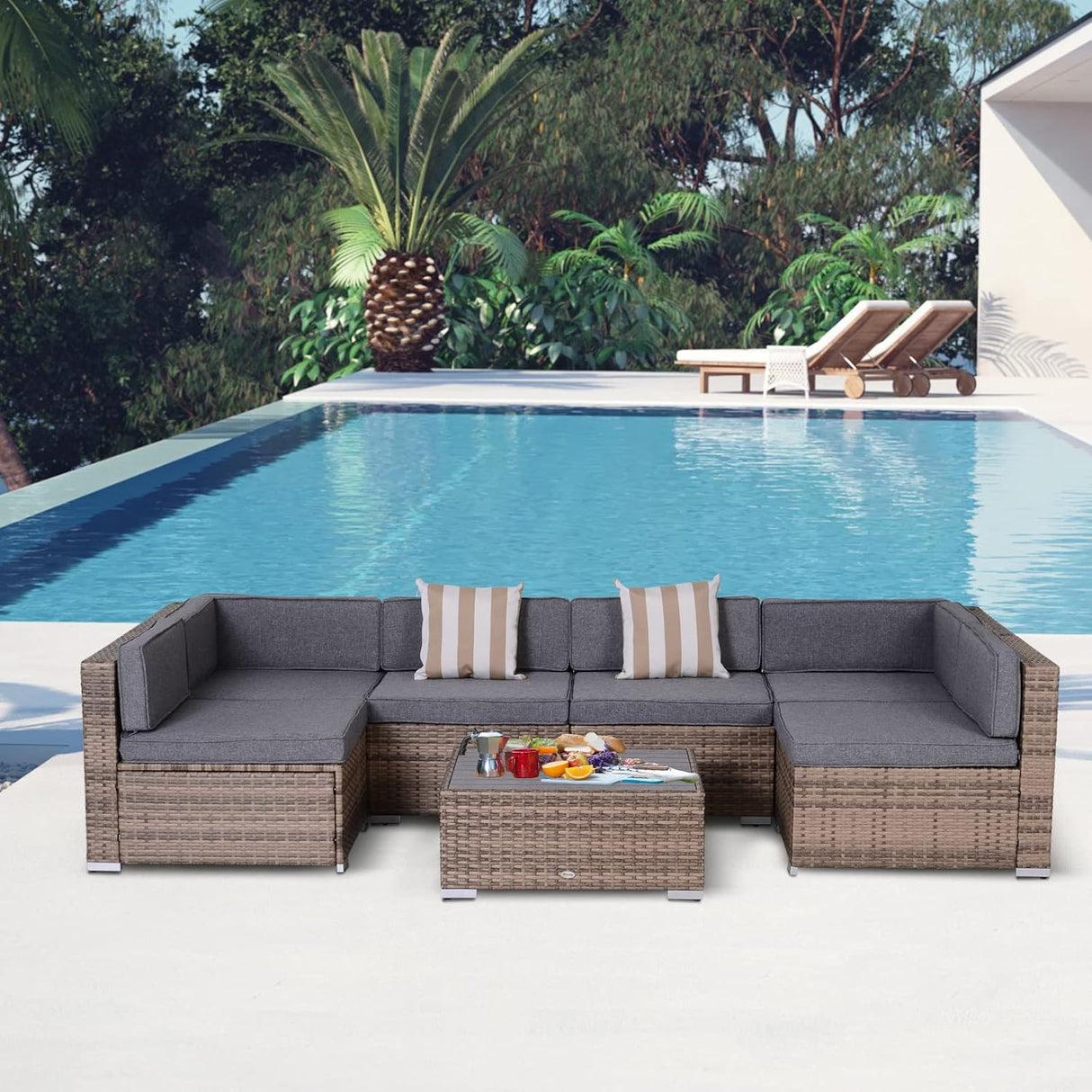 Outsunny Juego de muebles de patio de 7 piezas, juego de conversación de mimbre para exteriores, juego de sofá modular de ratán PE para todo tipo de clima, con cojines y mesa de madera sintética, almohadas a rayas, gris