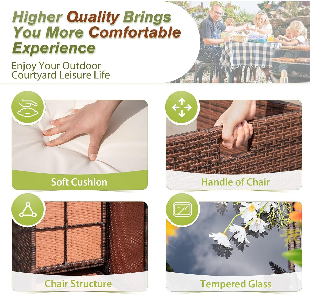 Devoko Juego de comedor para patio al aire libre, sillas de ratán con mesa de cristal para patio, conjunto de muebles acolchados de limpieza y respaldo con conversación seccional.