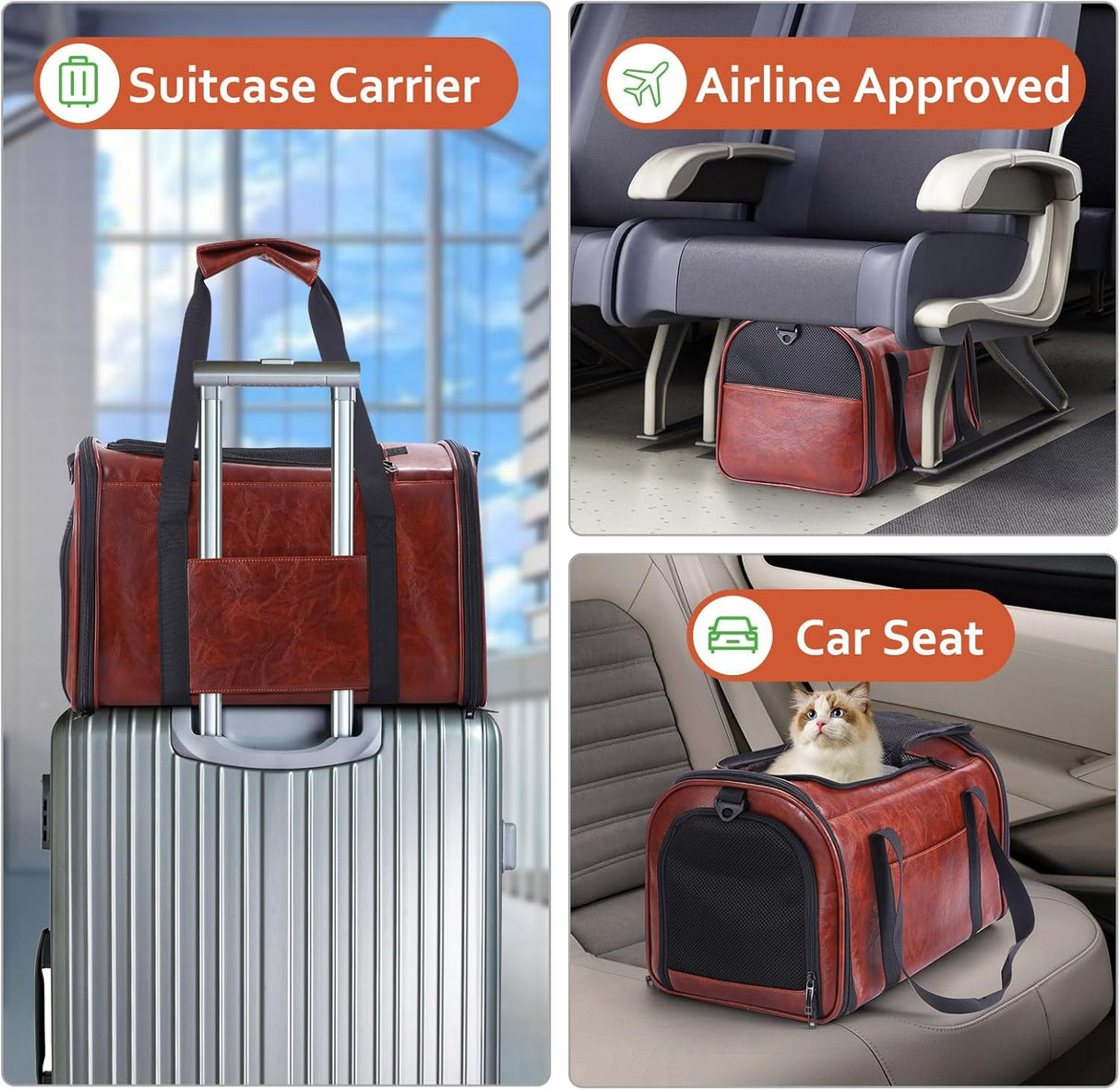 Transportín de Cuero para Mascotas, Aprobado Aerolíneas, 15Lbs