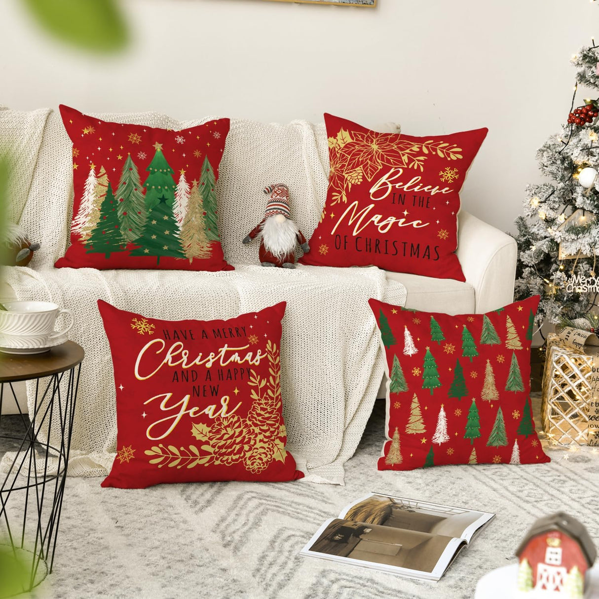 Fundas de cojín navideñas 18x18, diseño de árboles y copos