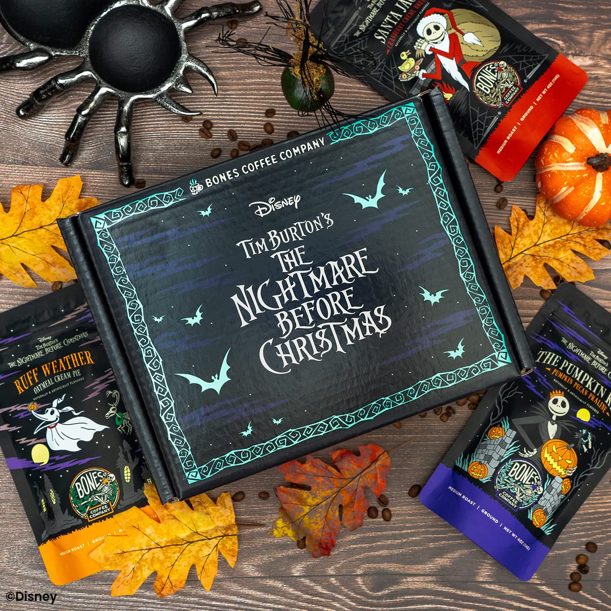 Bones Coffee Company Disney Tim Burton's The Nightmare Before Christmas - Caja de café molido en grano de café molido | Paquete de muestra de 4 onzas, 5 regalos de café gourmet con sabor gourmet bajo