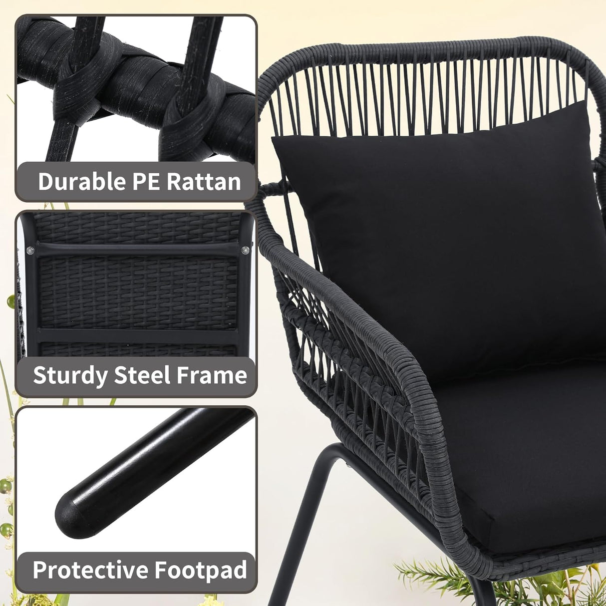 Wildformers Juego de 3 piezas de mimbre de mimbre, juego de conversación al aire libre, juego de muebles de mimbre con mesa superior de cristal, ahorro de espacio para balcón, patio trasero, negro