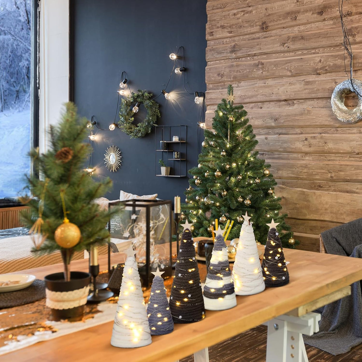 Árboles de lana navideños, decoración rústica, 6 piezas, LED