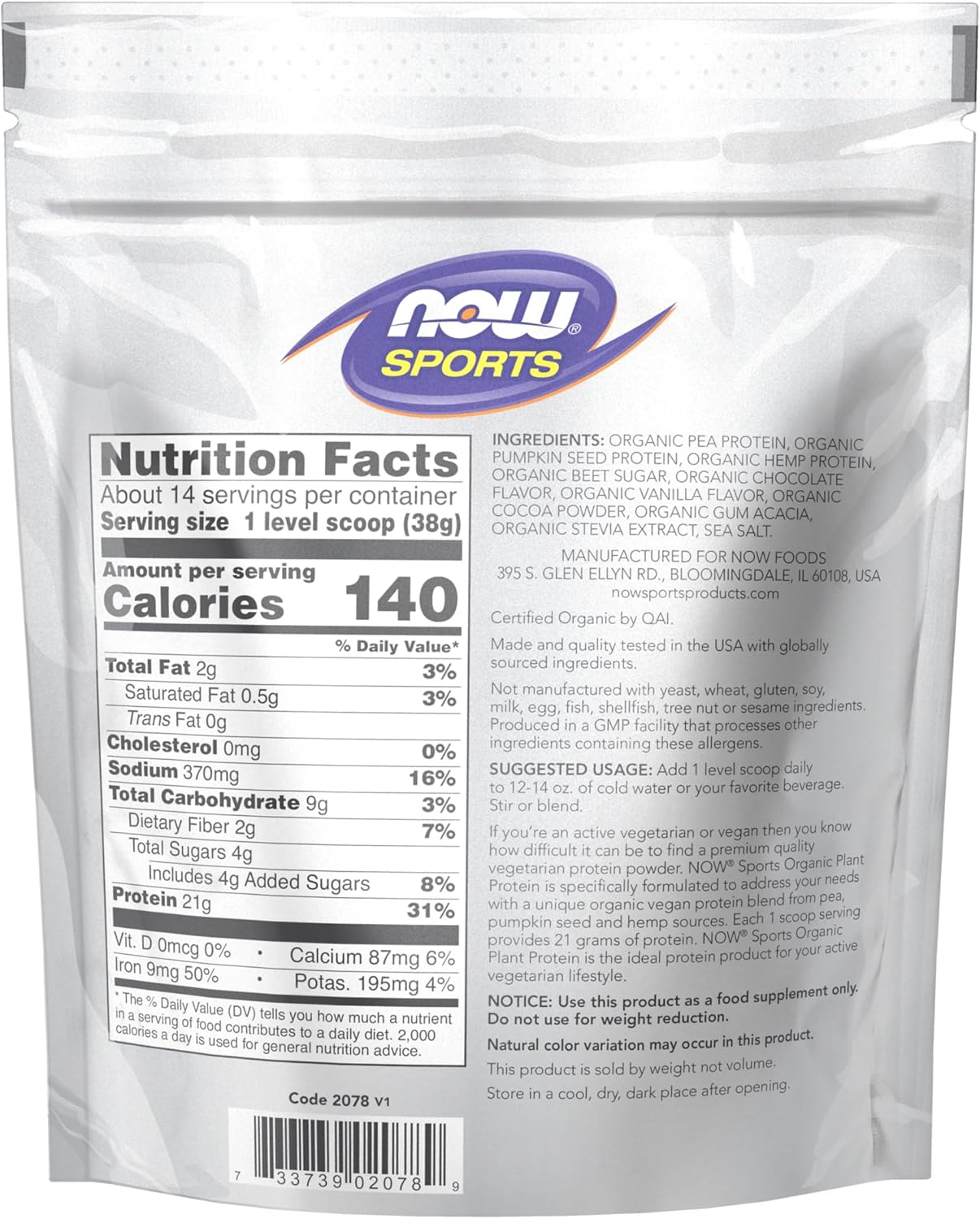 Proteína vegetal orgánica deportiva de NOW Foods, sabor chocolate, 1 lb